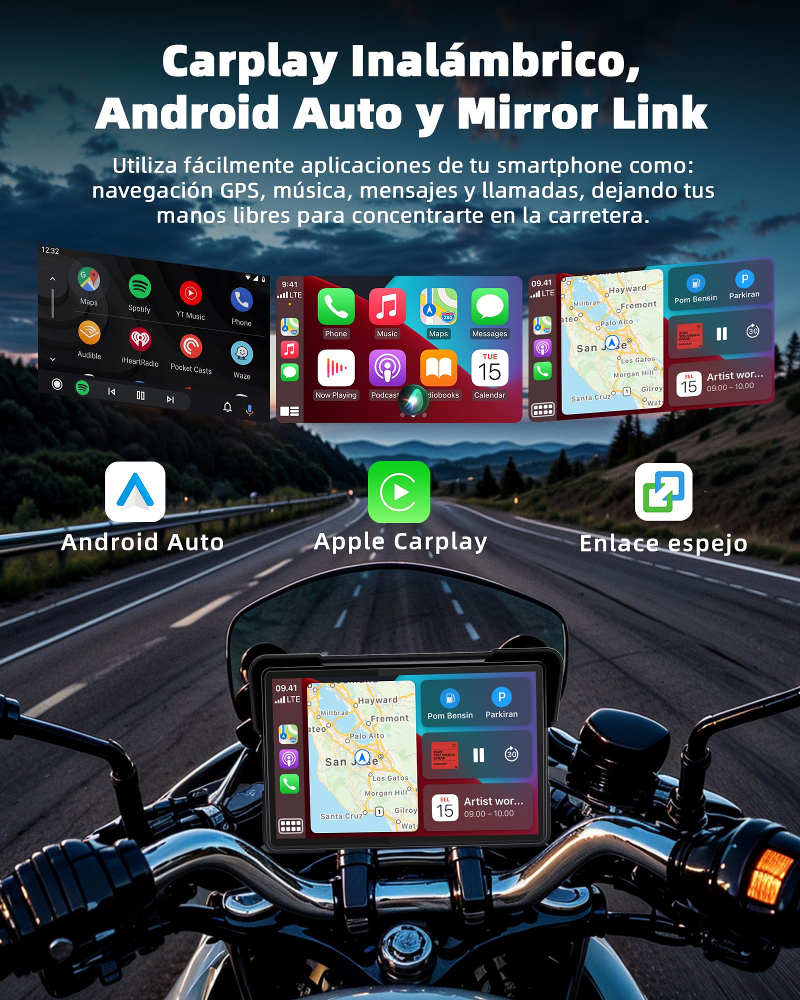 Jansite 7 Pulgadas Carplay Moto Android Auto GPS Moto Navegador con Doble Bluetooth Impermeable IP67 Tarjeta Carplay para Moto Siri/Google/Navi - 2