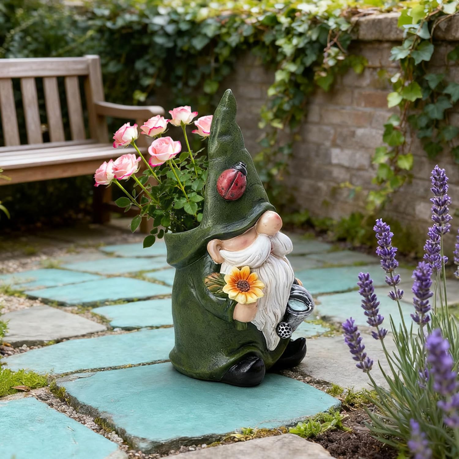 Gnome Planter Pot - Gnome Resin Pot with Glowing Ladybug Cute Flower and Succulent Pots for Indoor Outdoor Plants Home Farmhouse Garden Spring Summer Tabletop Statue Decoration (Green Cloth)