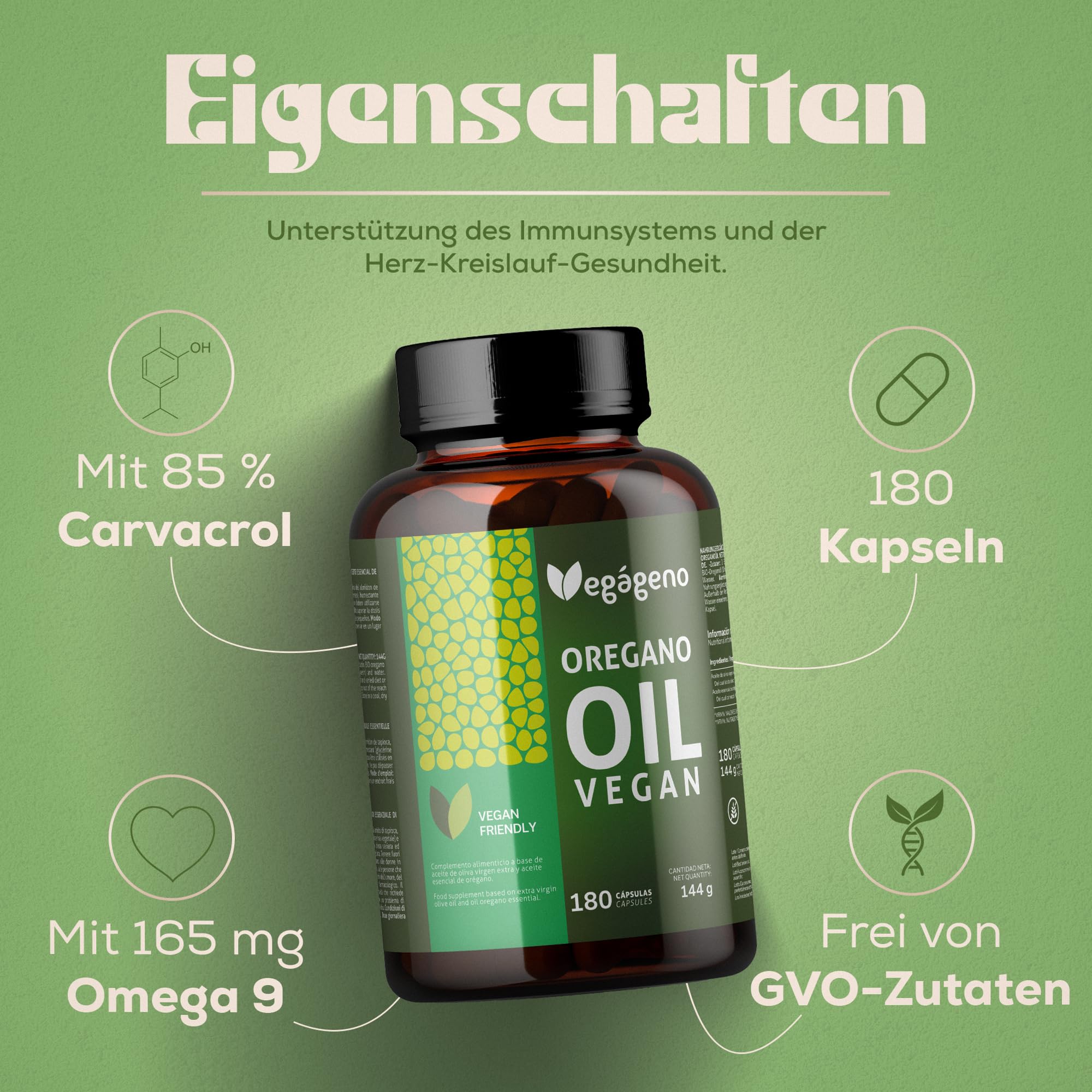 VEGAGENO – Oreganoöl Kapseln | 180 vegane Kapseln mit nativem Olivenöl, ätherischem Oreganoöl, Carvacrol & Omega-9 | Nahrungsergänzungsmittel