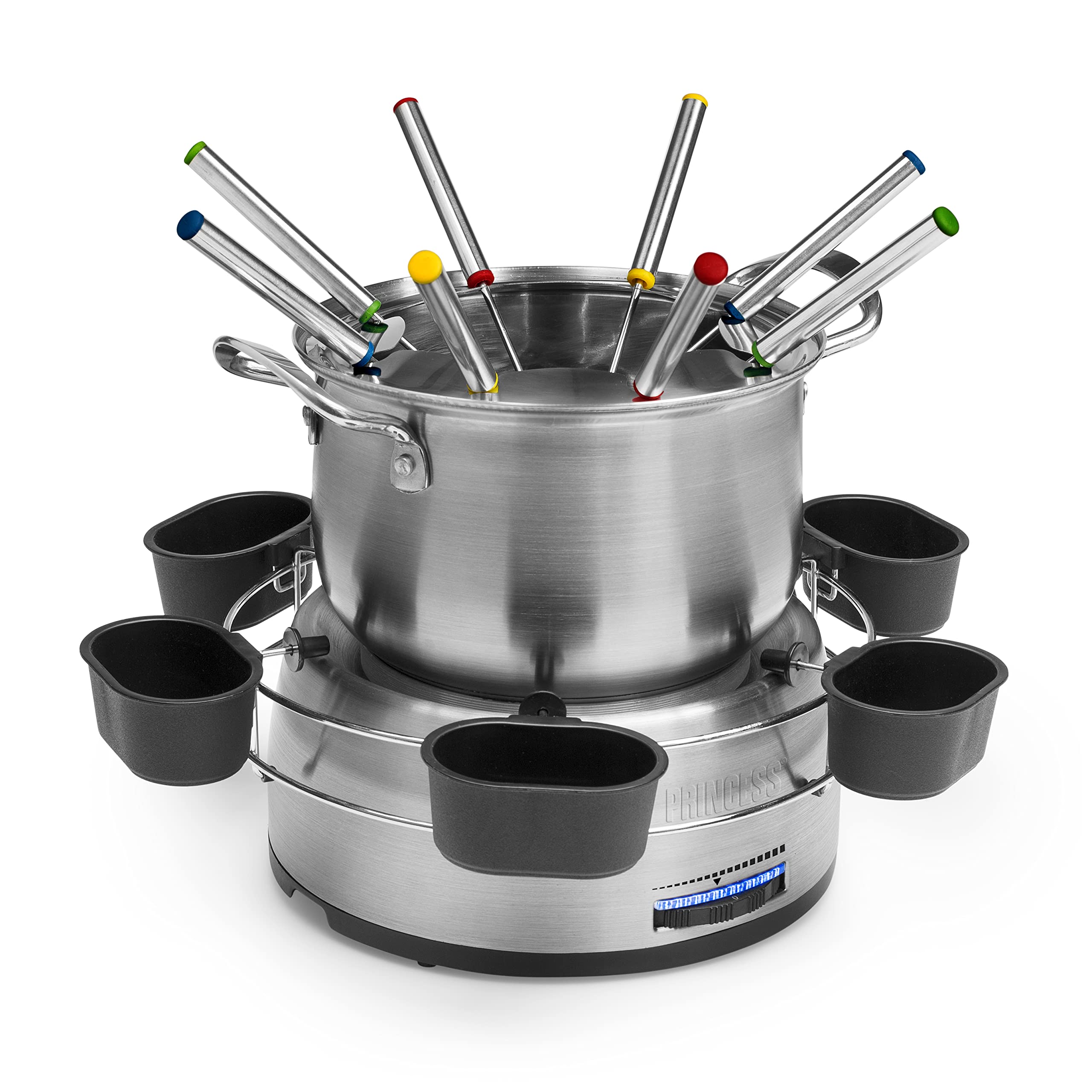 Princess Family Fondue-Set - 800 W, 1,2 Liter Fassungsvermögen, Thermostat, Edelstahl, doppelter Boden, 8 Fonduegabeln, 6 Dipschalen, Silber, 172680 01.172680.01.001, edelstahl, silber
