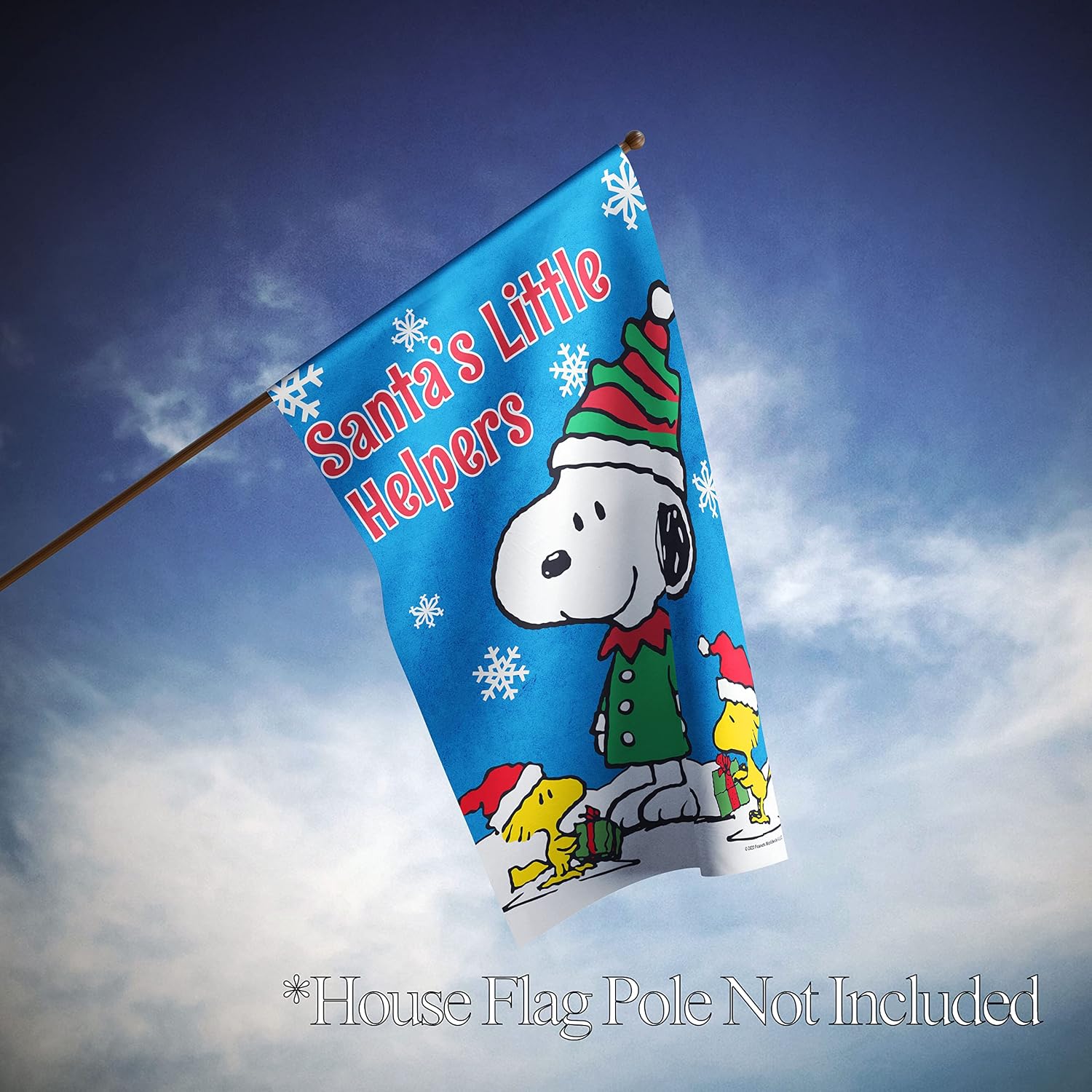 Flagology.com, PEANUTS®, PEANUTS® Santa's Little Helpers – House Flag 28" x 40", Outdoor Flag, Exclusive Premium Fabric, Officially Licensed PEANUTS®, Christmas