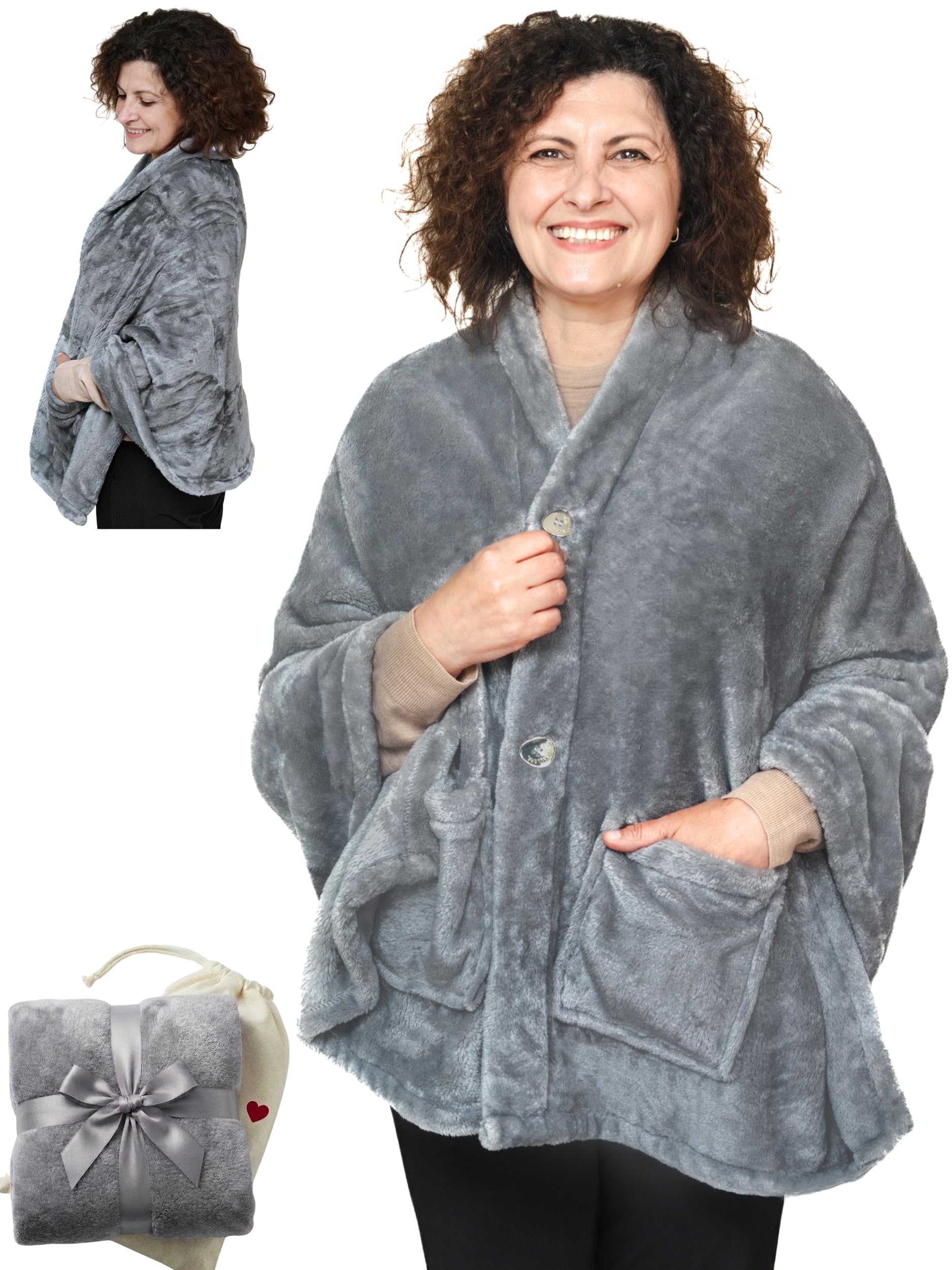 EzrAllora Fleece Poncho Blanket - Drape&Go No Sleeves- Lightweight Wrap Shawl - Wearable Blanket - Easy On Easy Off Fleece - Silver Grey