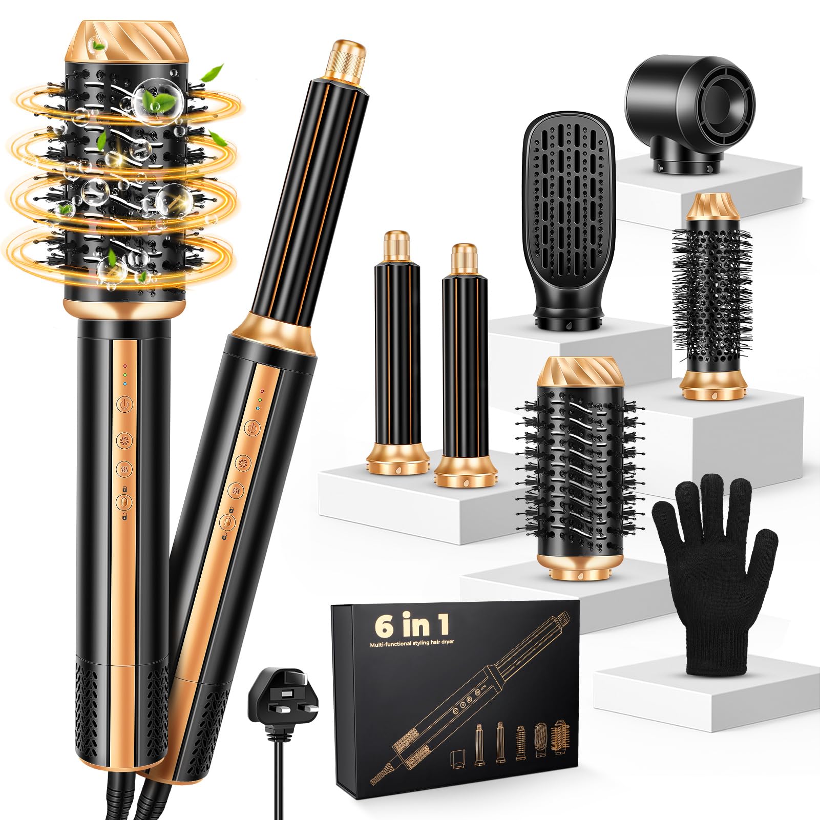 Airstyler Magic Styler Hair Styler 6 en 1 Fer à friser avec technologie ionique, 110 000 tr/min, 1400 W, multifonction haute performance avec fer à boucler automatique à air pour lissage, boucles et