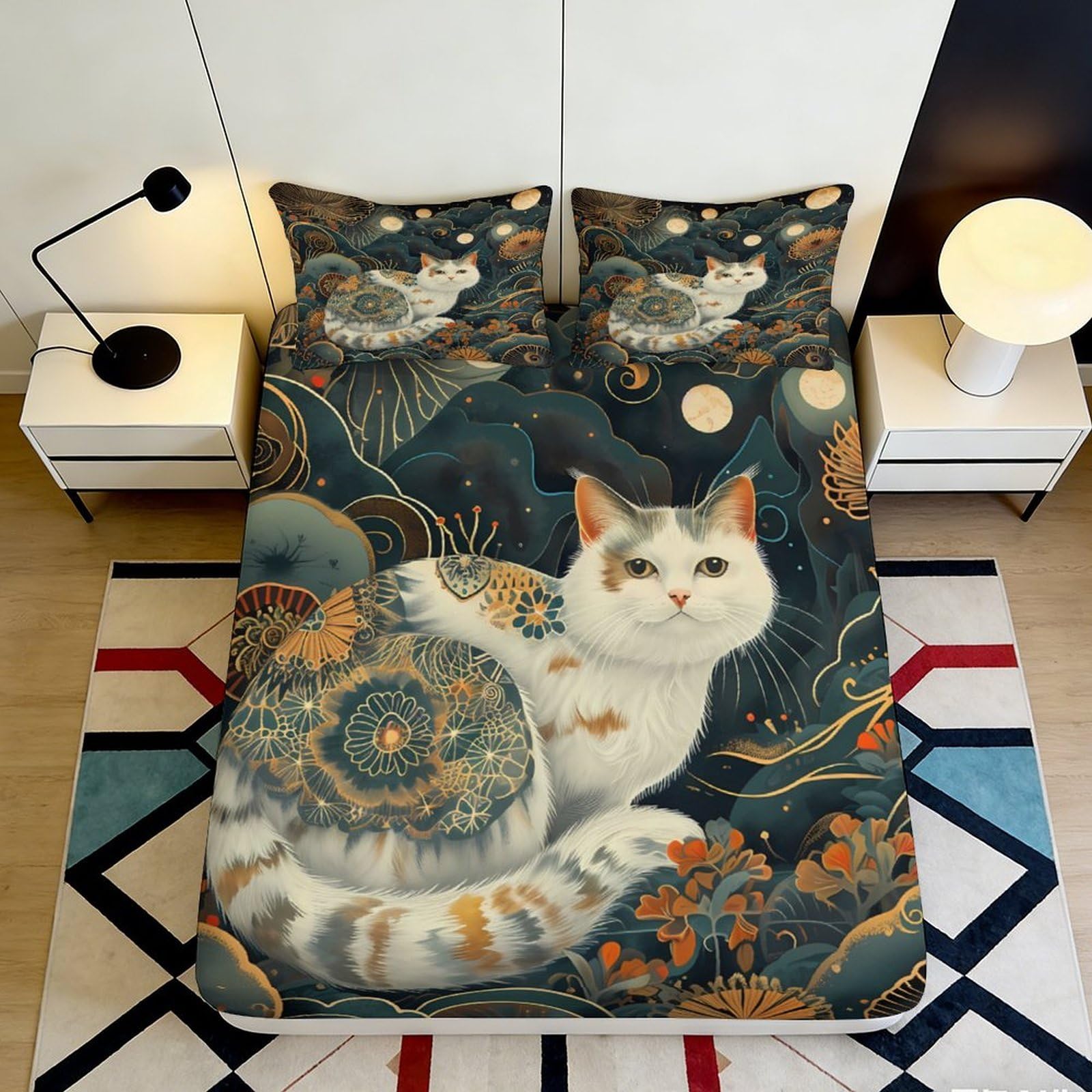 3D Printed Artistic Cat Fitted Sheet Microfiber Elastic Hem Deep Pocket Bedroom Bedding Artistic Cat Mattress Fitted Cover for Adults 180x200x25cm