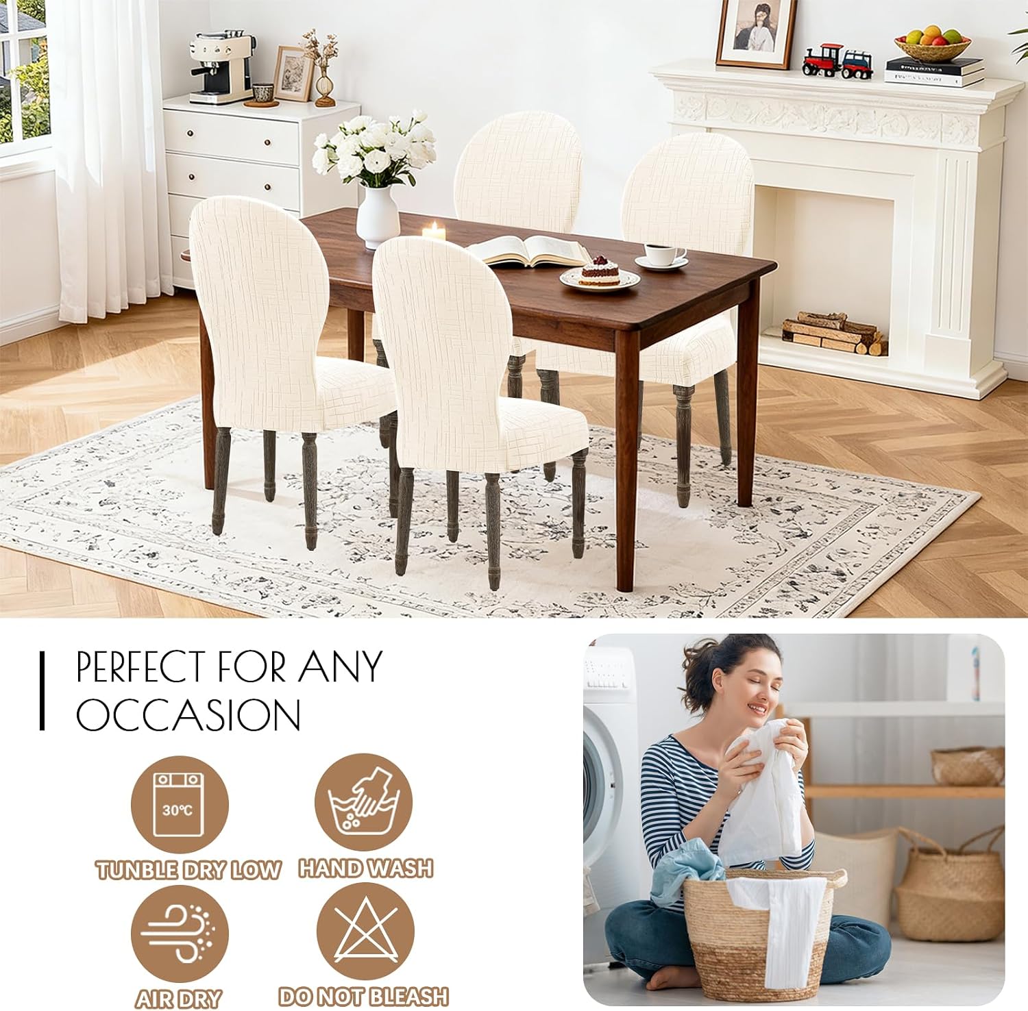Round Back Dining Chair Cover Set 2/4/6, Curved Back Chair Covers Stretch Armless Dining Chair Slipcovers Mid Century Modern Chair Seat Protector for Kitchen, Home and Banquet (Beige, Set of 4)