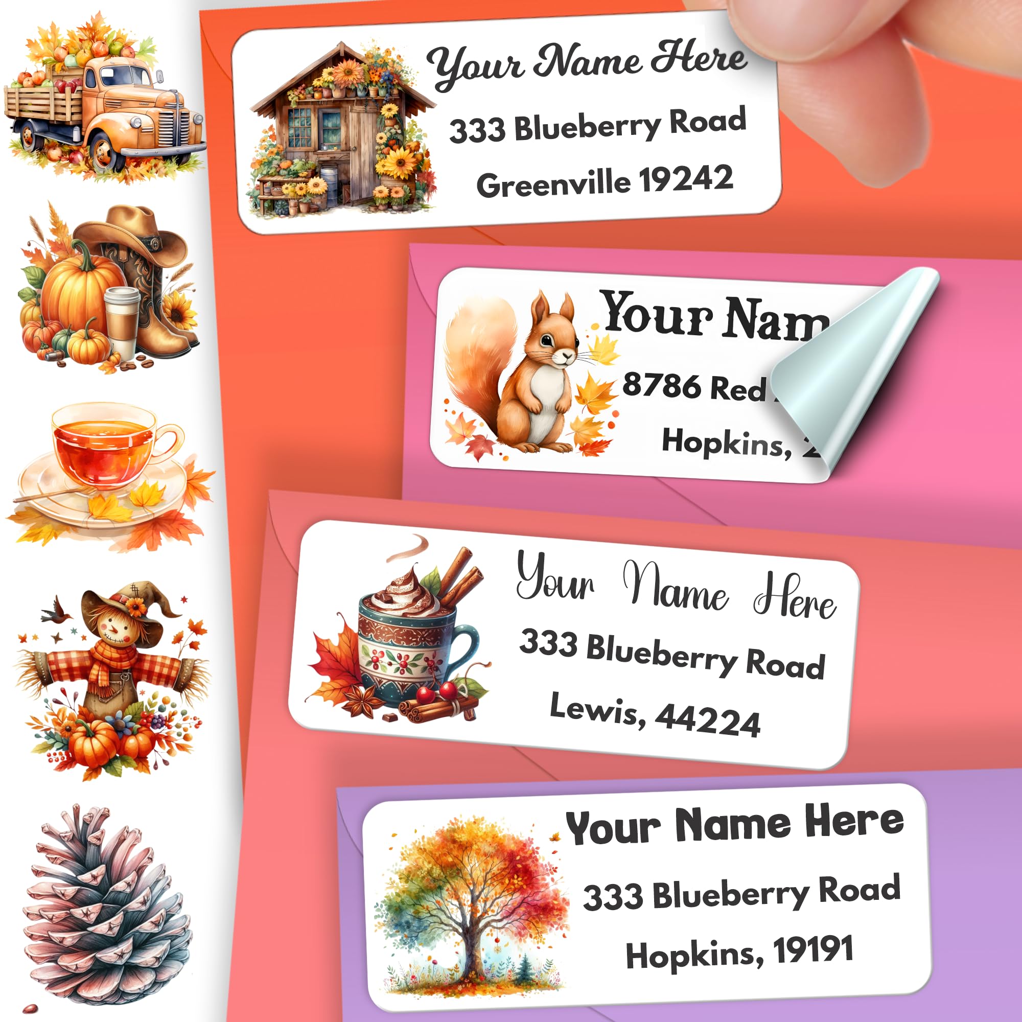 Custom Set of Address Labels - 24 Fall Mix Bundle ║ Set of 24/48/240 Return Labels ║ Personalized Waterproof Adhesive Peel & Stick Label ║ Your Desired Text 1-4 Lines of Text Custom Option