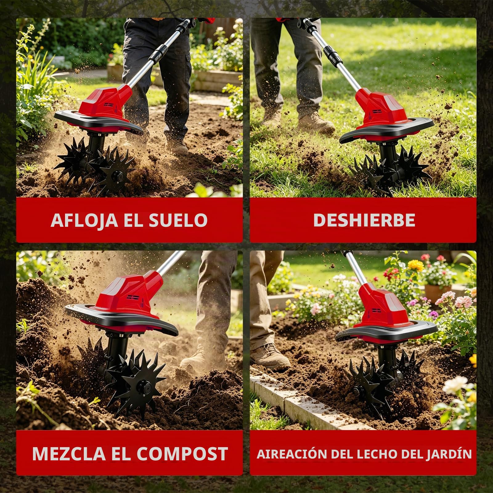 Baqueta de suelo con batería compatible con batería Milwaukee de 18 V, plegable, con 22 cm de ancho de trabajo, 17 cm de profundidad de trabajo, sin escobillas, motoazada eléctrica para pequeños