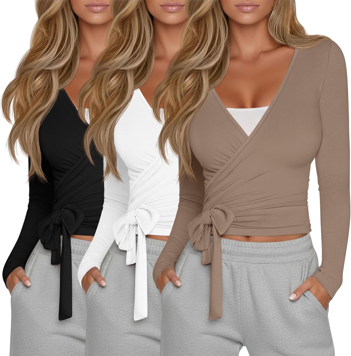 3 Pack Women's Tie Wrap Tops, Long Sleeve Workout Ballet Yoga Pilates Shirts Deep V Neck Tie Front Y2k Blouses