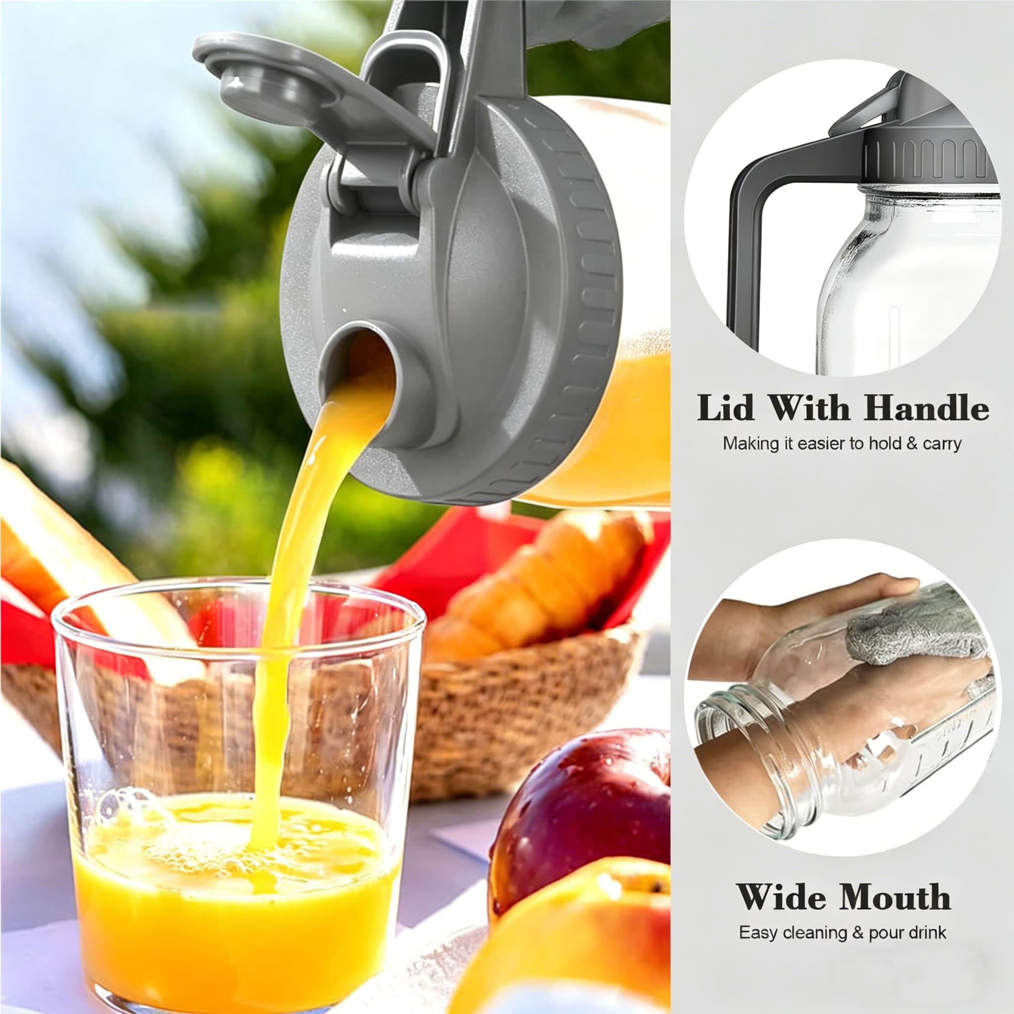 Hniuyun Brocca per latte, 1,8 l, ermetica, in vetro, a bocca larga, con coperchio per versare latte materno, tè freddo, caffè freddo, succo di frutta (grigio)