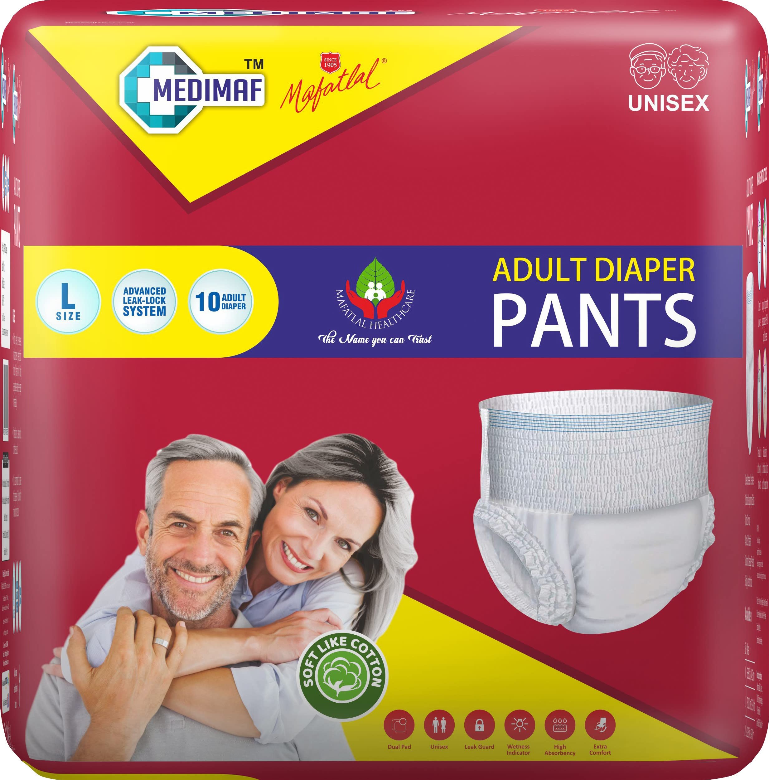 Medimaf By Mafatlal Adult Diaper Pants L Size (30-54 Inch / 75-135 cm) - 10 Count | Unisex | Leakproof & Extra Absorbency | Wetness Indicator