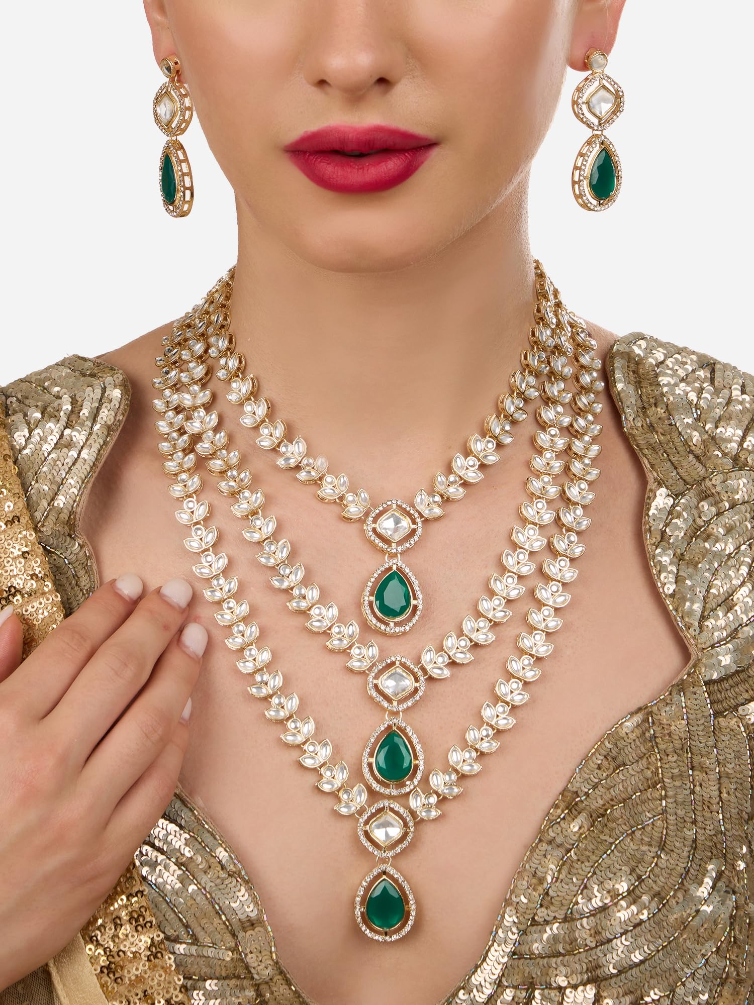 ZAVERI PEARLS Green Dazzling Stones Austrian Diamonds Embellished Layered Necklace & Earring Set For Women-ZPFK18891 1