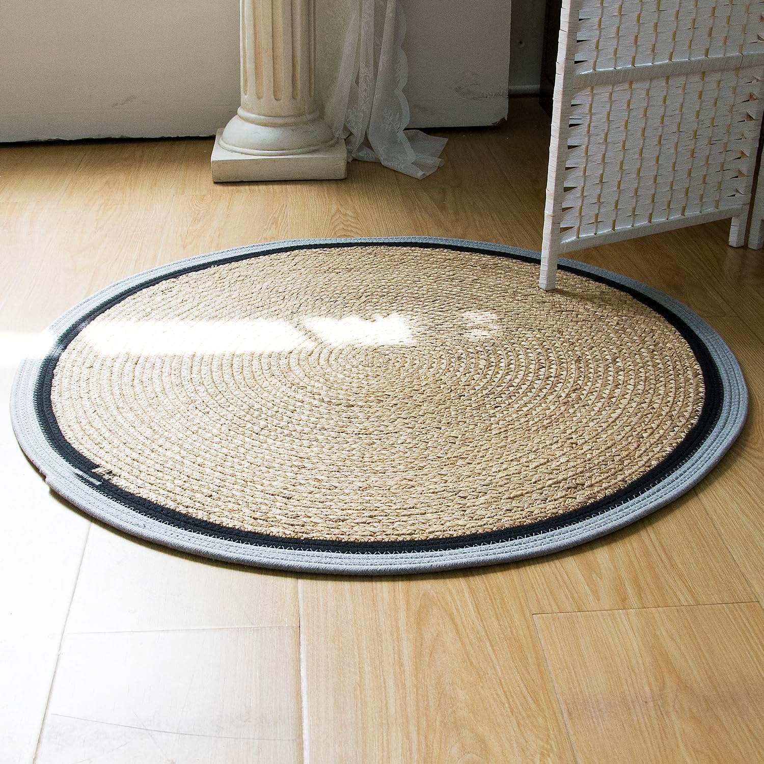 Furnnylane Handwoven 4 ft Round Natural Rug - Blue Cotton & Water Hyacinth Blend, Chemical-Free Boho Area Rug for Small Spaces, Durable, Low-Maintenance Mat for Bedroom, Living Room Corner or Entryway