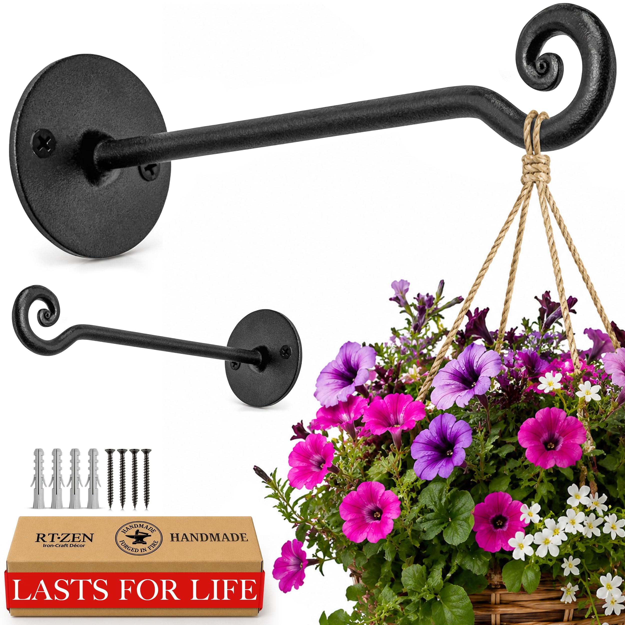 RTZEN - Ganchos para plantas, exteriores o interiores, hierro forjado, soportes de pared resistentes, para cestas, faroles, carillones de viento 2 (ganchos en espiral negros)