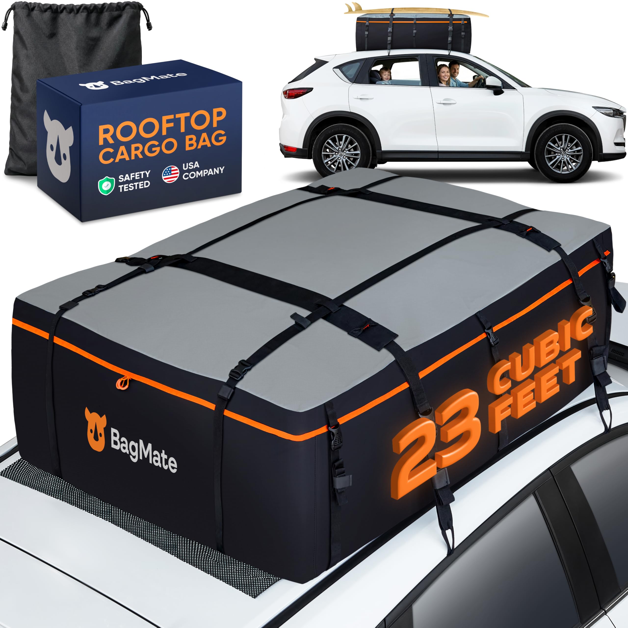 Military-Grade Waterproof Roof Bag - Rooftop Cargo Carrier – XXL 23 Cubic Feet. with 4 Door Hooks, Zipper/Buckle Closure, Extra Strap – Black Roof Bag for Cars with or Without Rack