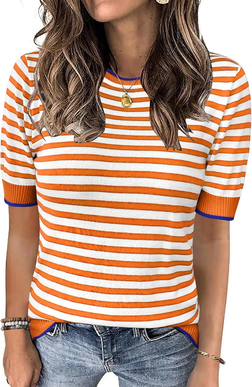 Womens Tops Summer Short Sleeve Shirts Striped Sweater Cute Casual Top Trendy Women Clothing Crewneck Knit Blouses