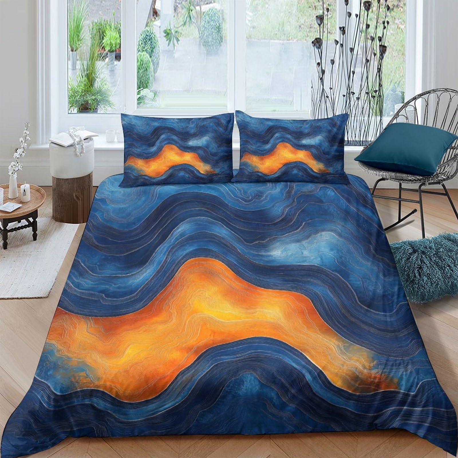 TUFRTGYHN 3D Printed Abstract Blue Orange Wave Duvet Cover Microfiber Soft Breathable Bedding Set with 2 Pillowcases for Bedroom Apartment Single（135x200cm）