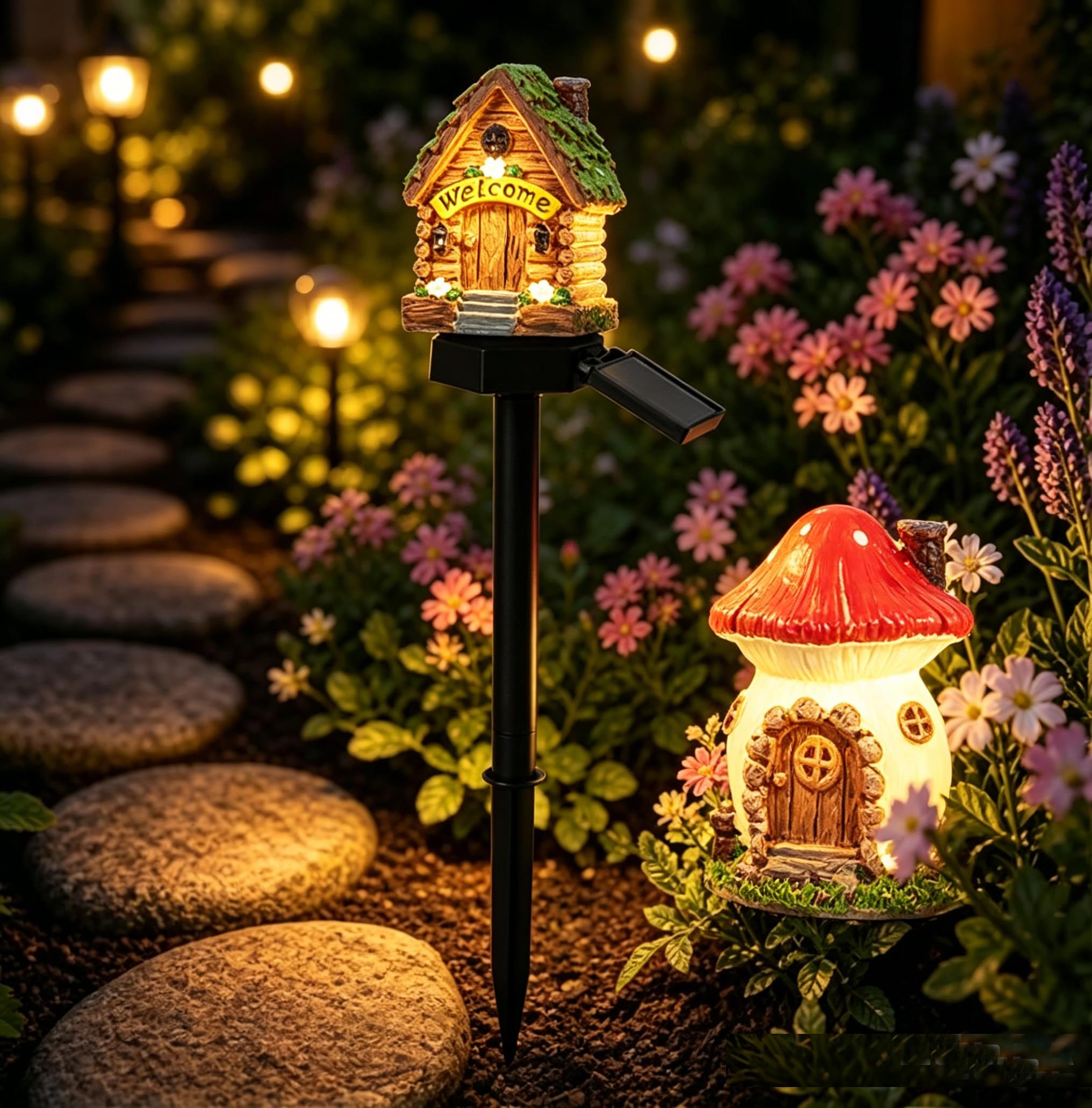 Mushroom Solar Lights Outdoor, Solar Powered Fairy House Garden Decor, Waterproof LED Landscape Pathway Lamp for Yard Patio Lawn
