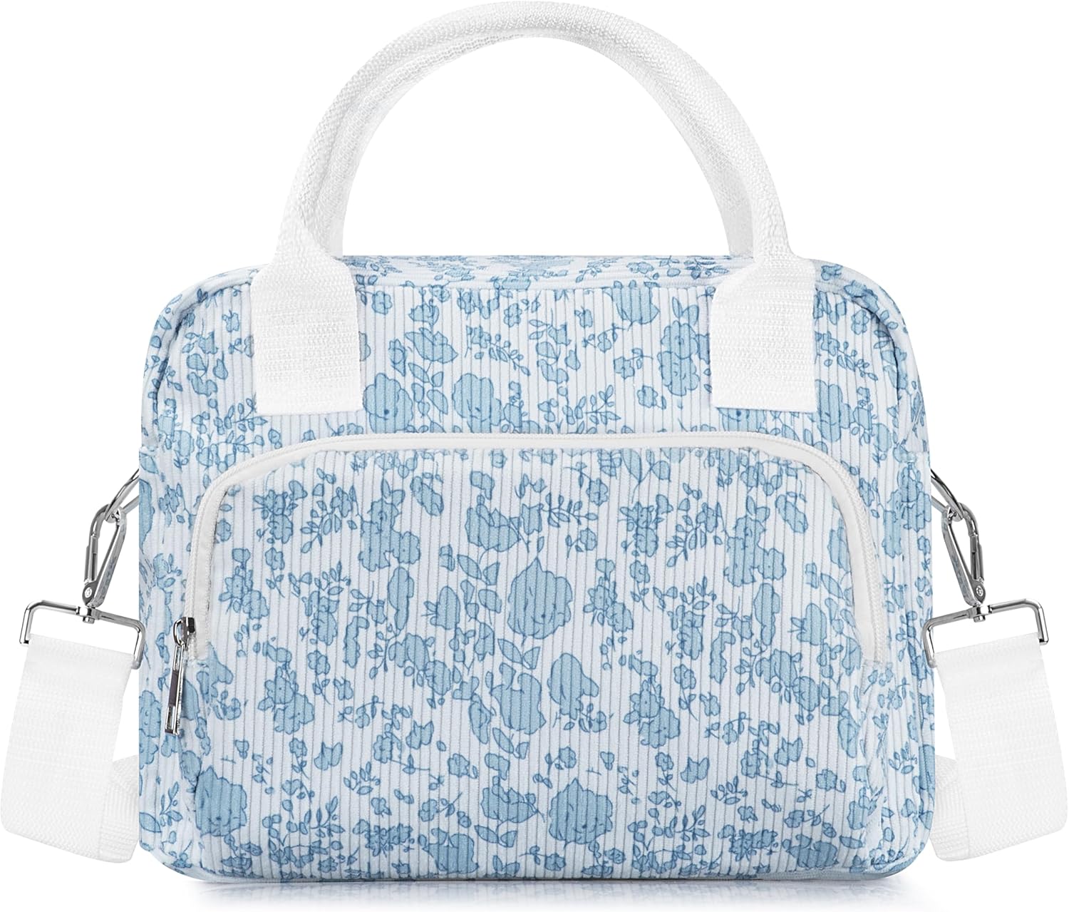 Lunch Box for Women Insulated Lunch Bag Cute Corduroy Lunch Tote Bags Lightweight Reusable Leakproof Cooler Bag with Adjustable Shoulder Strap for Work Office Travel Picnic (Blue Flower)