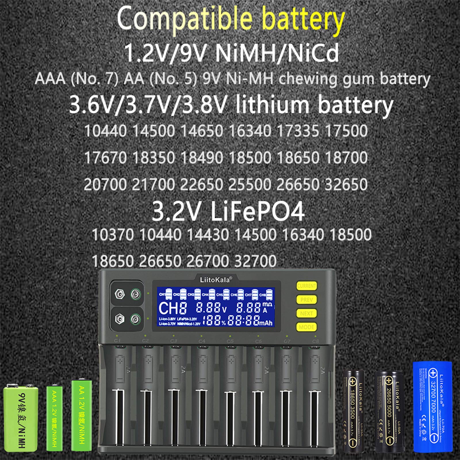 docooler LiitoKala LII-S8 Caricabatteria Li-Ion 3.7V NiMH 1.2V Li-FePO4 3.2V IMR 3.8V Caricatore per 18650 26650 21700 26700 AA AAA
