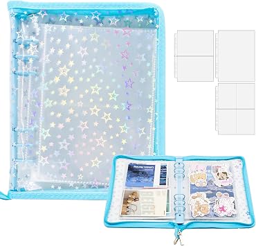 A5 Sticker Storage Binder with Zipper Closure, Reusable Sticker Organizer Album with Pockets, Perfect for Collecting, Organizing, and Displaying Stickers Star-Blue