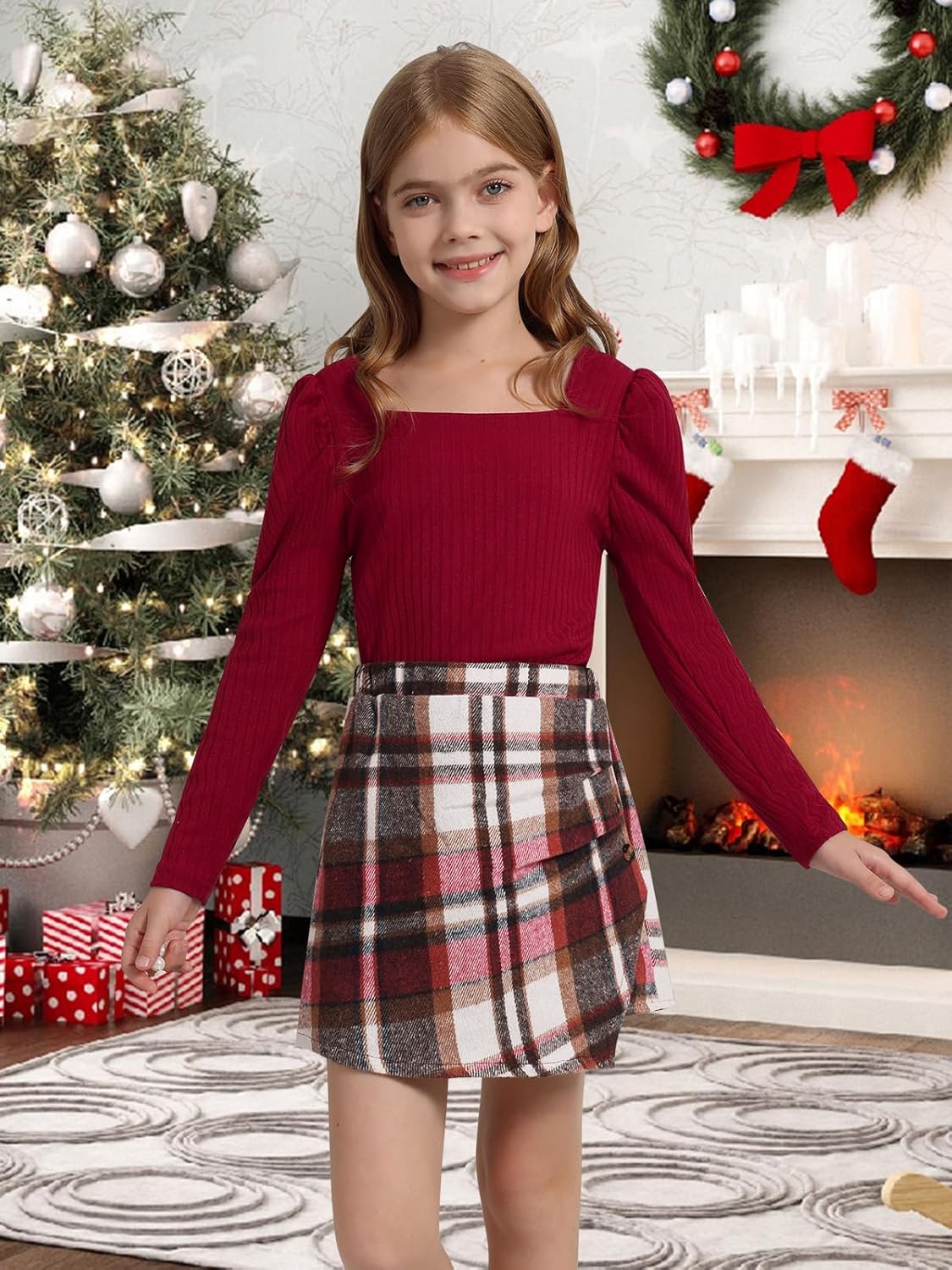 Girls Plaid Skirt Set A-Line Skort 2PCS Outfit Casual Square Neck Knit Puff Sleeve Shirt Top Fall Winter Clothes 7-14Y - Image 6