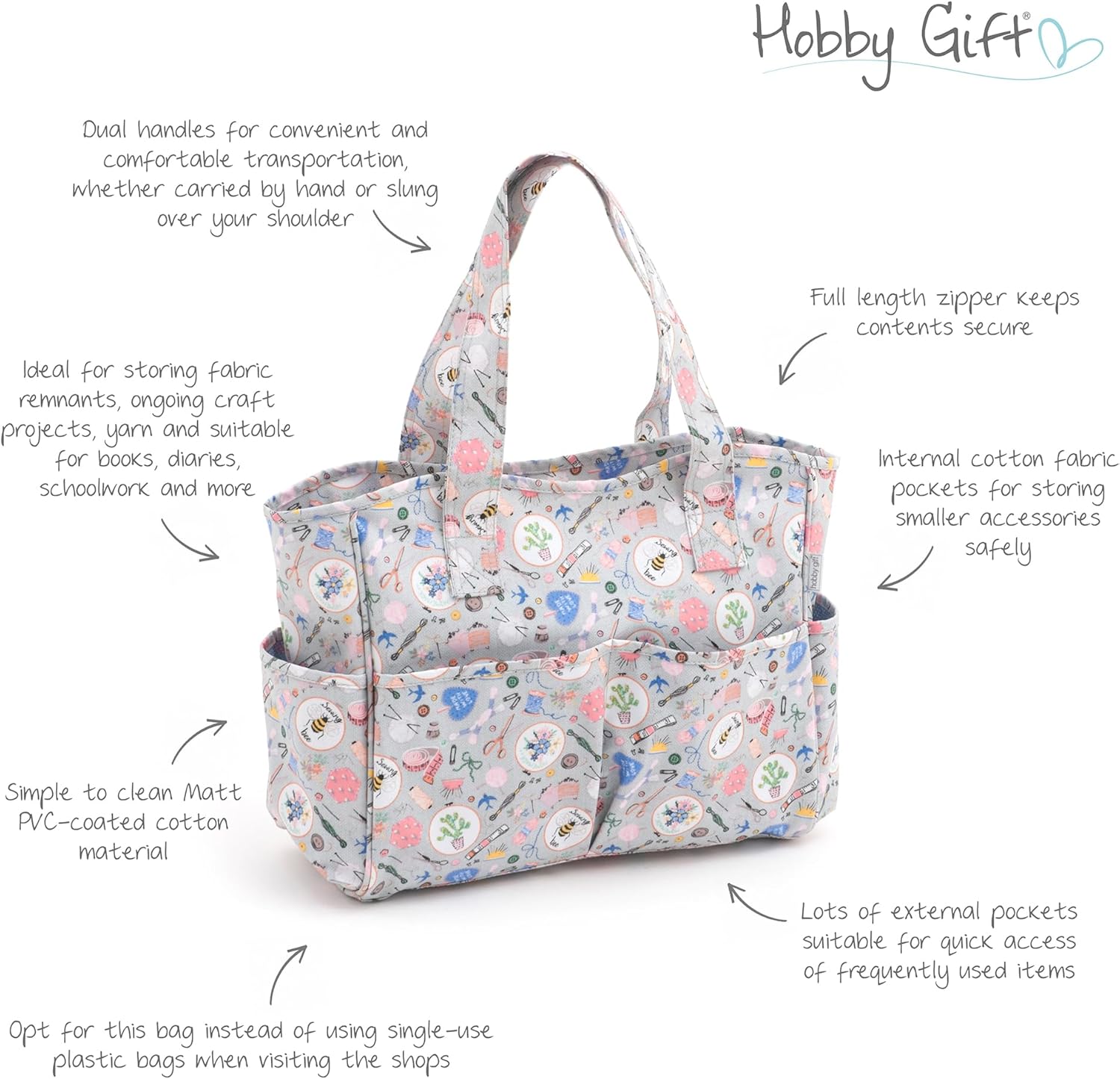 Hobby Gift Craft Storage Bag with Zip Top PVC Coated Cotton Tote with Multiple Pockets for Knitting Sewing Crochet and Craft Projects