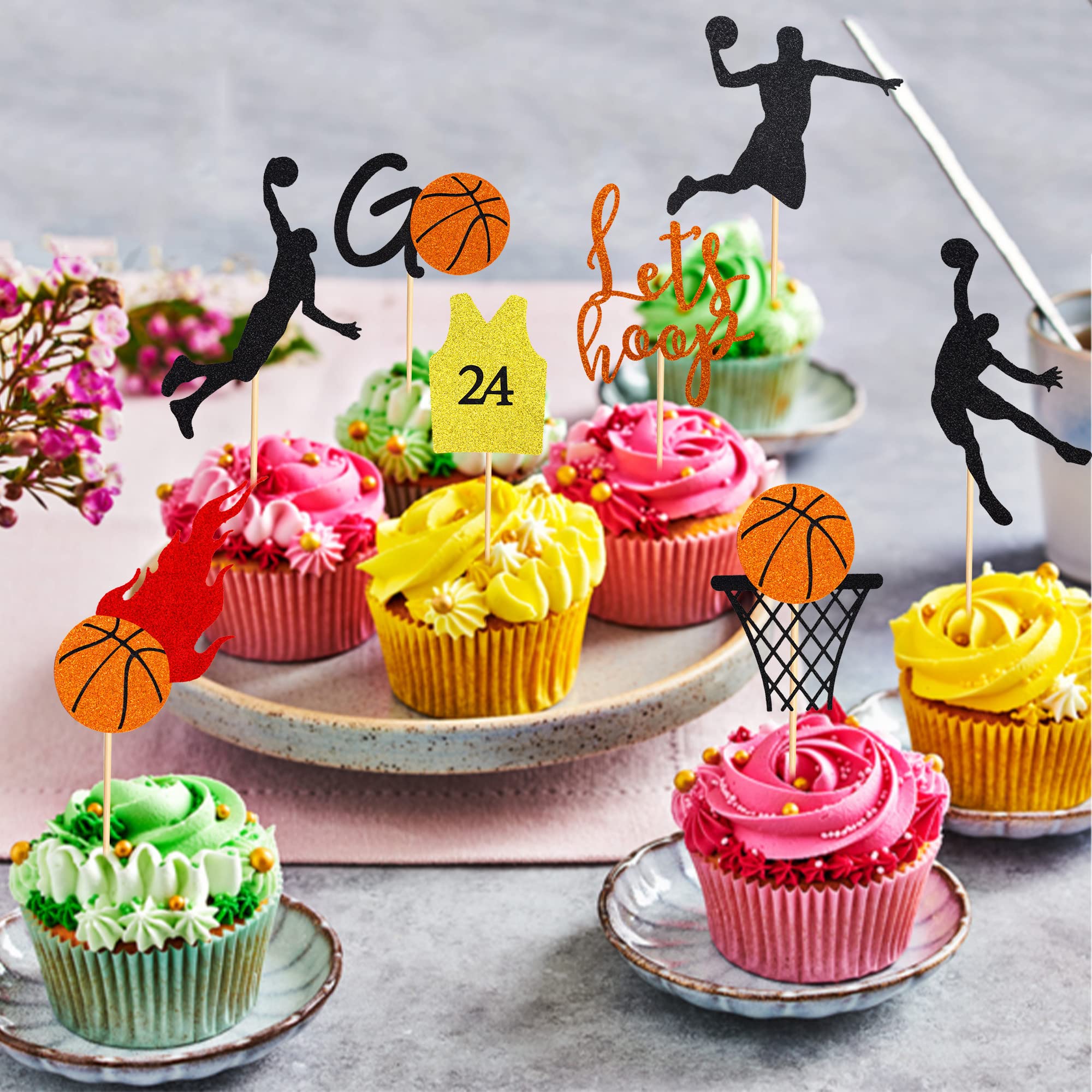 Pre-assembled Cake Toppers 24-Piece Glitter Basketball Cake Toppers -  Sports Theme Cupcake Picks For Birthday Parties Basketball Birthday  Decorations, image size:2000x2000