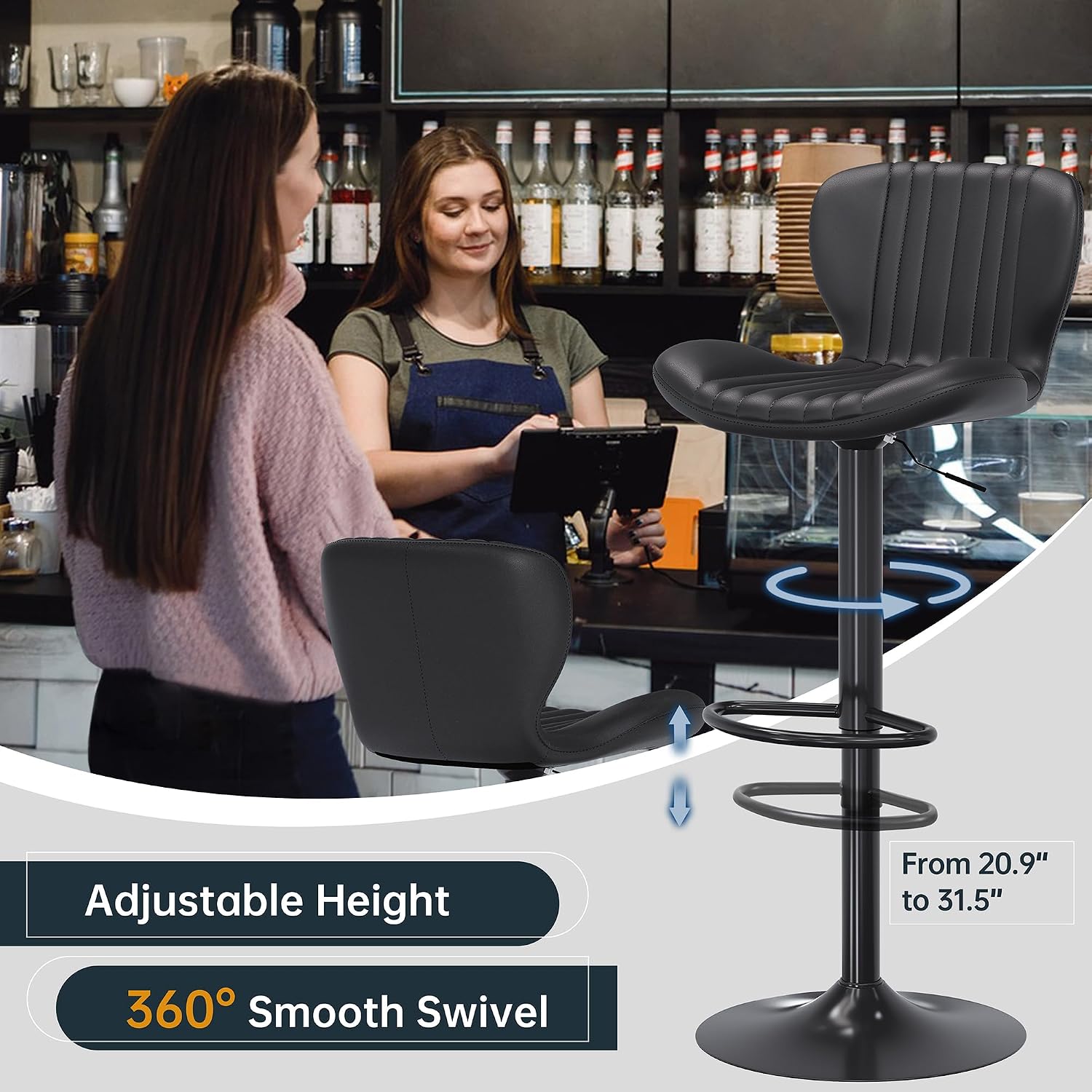 SUNLEI Swivel Bar Stools Set of 4, Counter Height Adjustable Barstools with Shell-Shaped Backrest, PU Leather Modern Bar Chairs for Kitchen Island, Bar, Dining Room, Black
