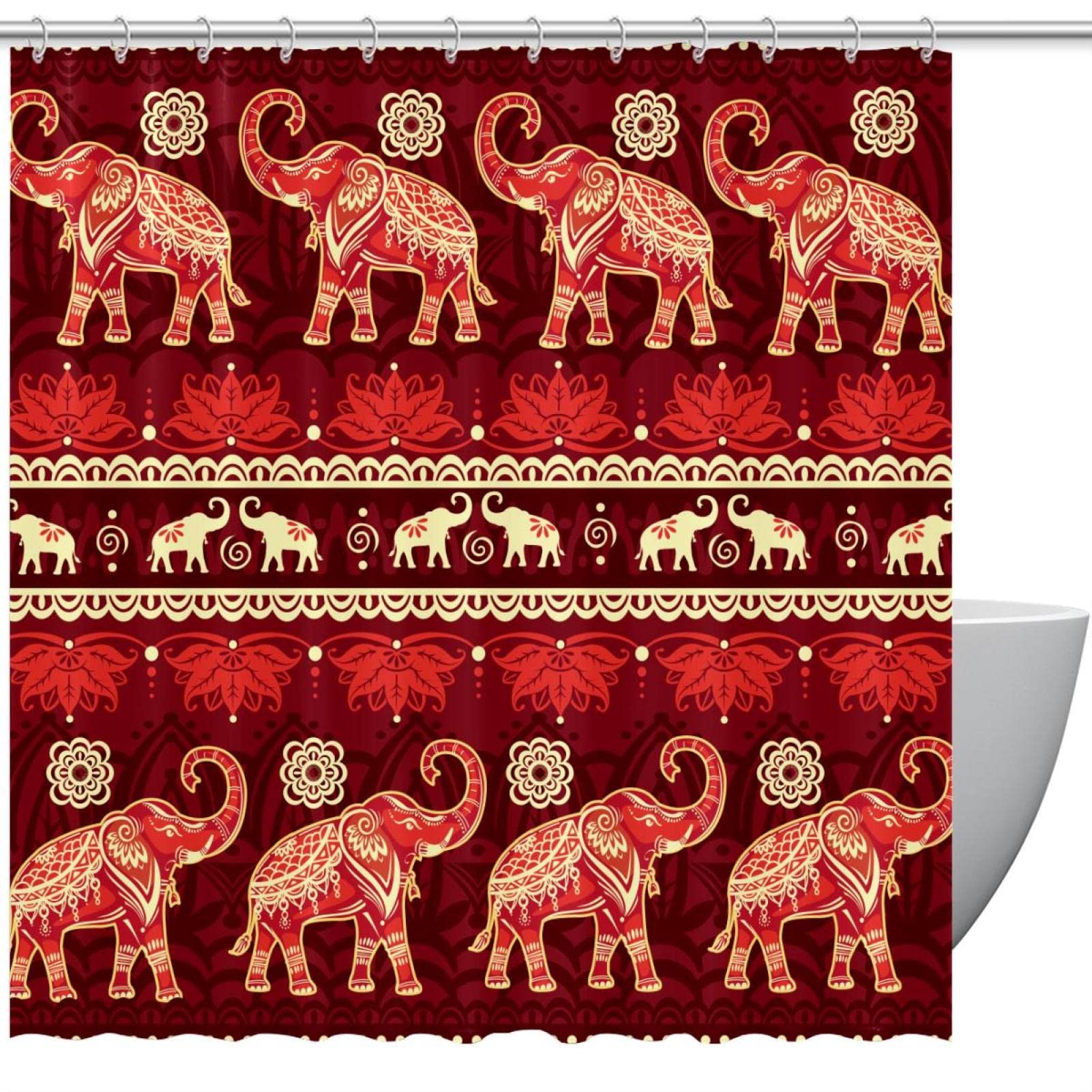 Rideau de douche élephant rouge sans couture grand format avec anneaux