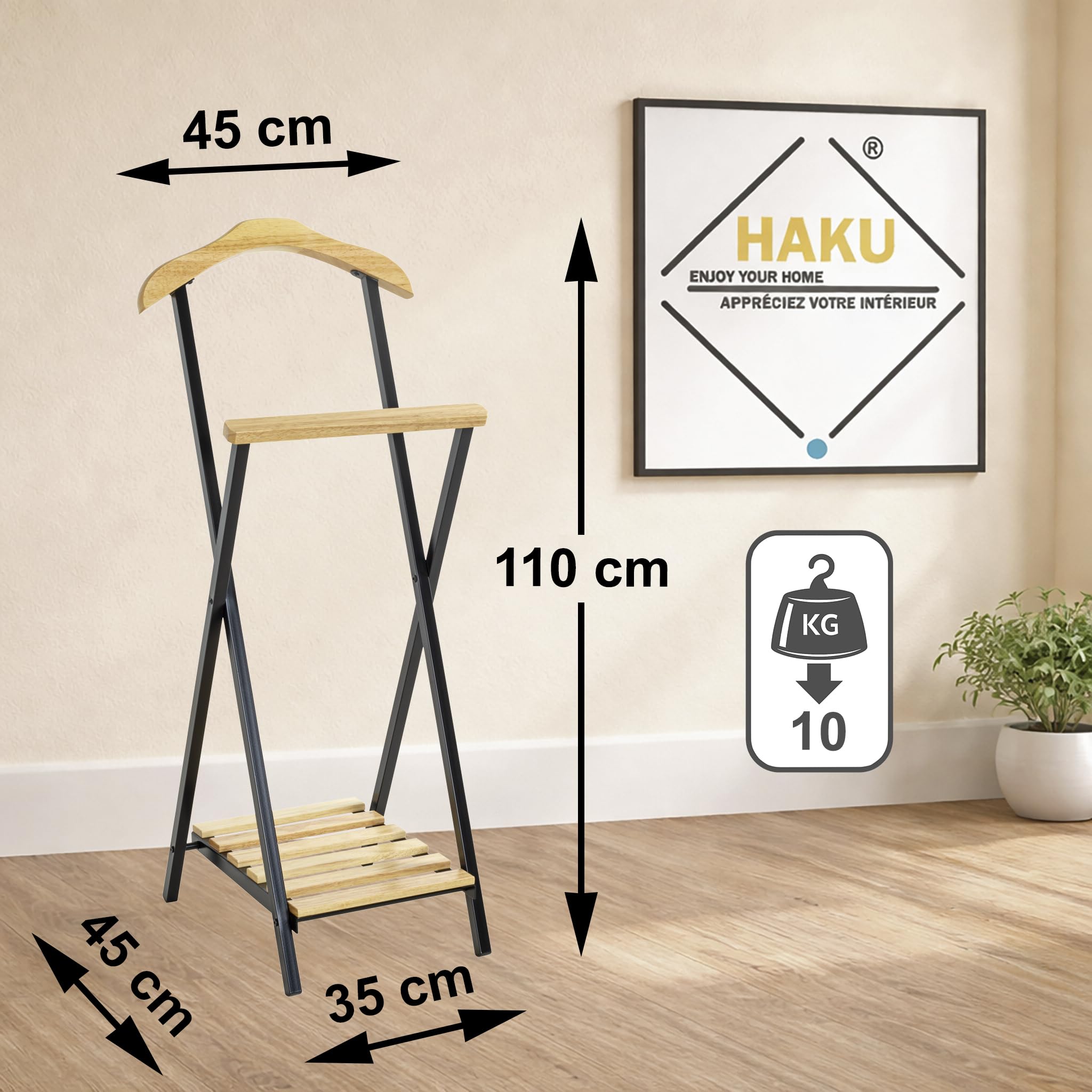 HAKU Servo Muto da uomo natura, nero, Legno massiccio, metallo - Dim. L 45 cm x A 110 cm x P 45 cm, Stile Tradizionale