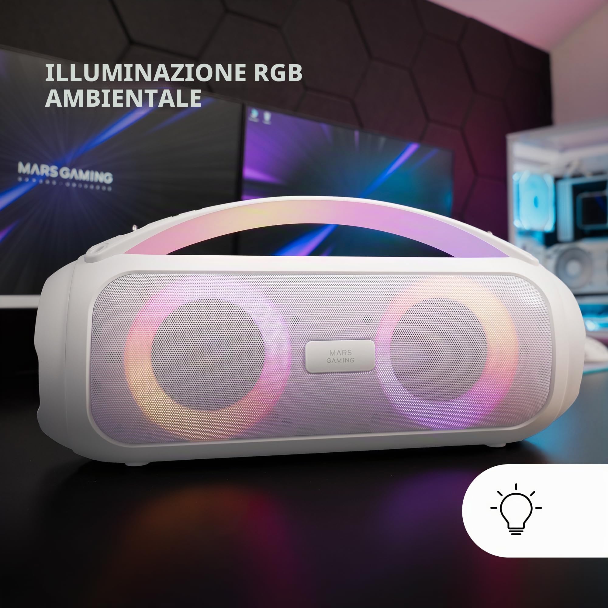 MARSGAMING MS-PULSE, Altoparlante Bluetooth Portatile 50W RMS, Illuminazione RGB, 2 Driver Attivi 93mm + 2 Driver Passivi Ultra-Bass, Vivavoce, USB/MicroSD/AUX/FM, Maniglia e Tracolla, Bianco