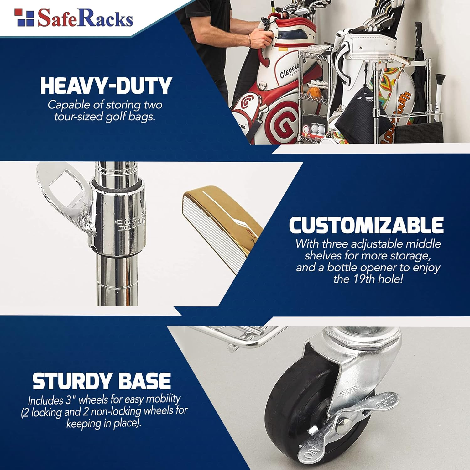 SafeRacks Golf Equipment Organizer Rack, Golf Bag Storage Rack for Garage, Fits 2 XL Bags & Accessories - Standard and Deluxe