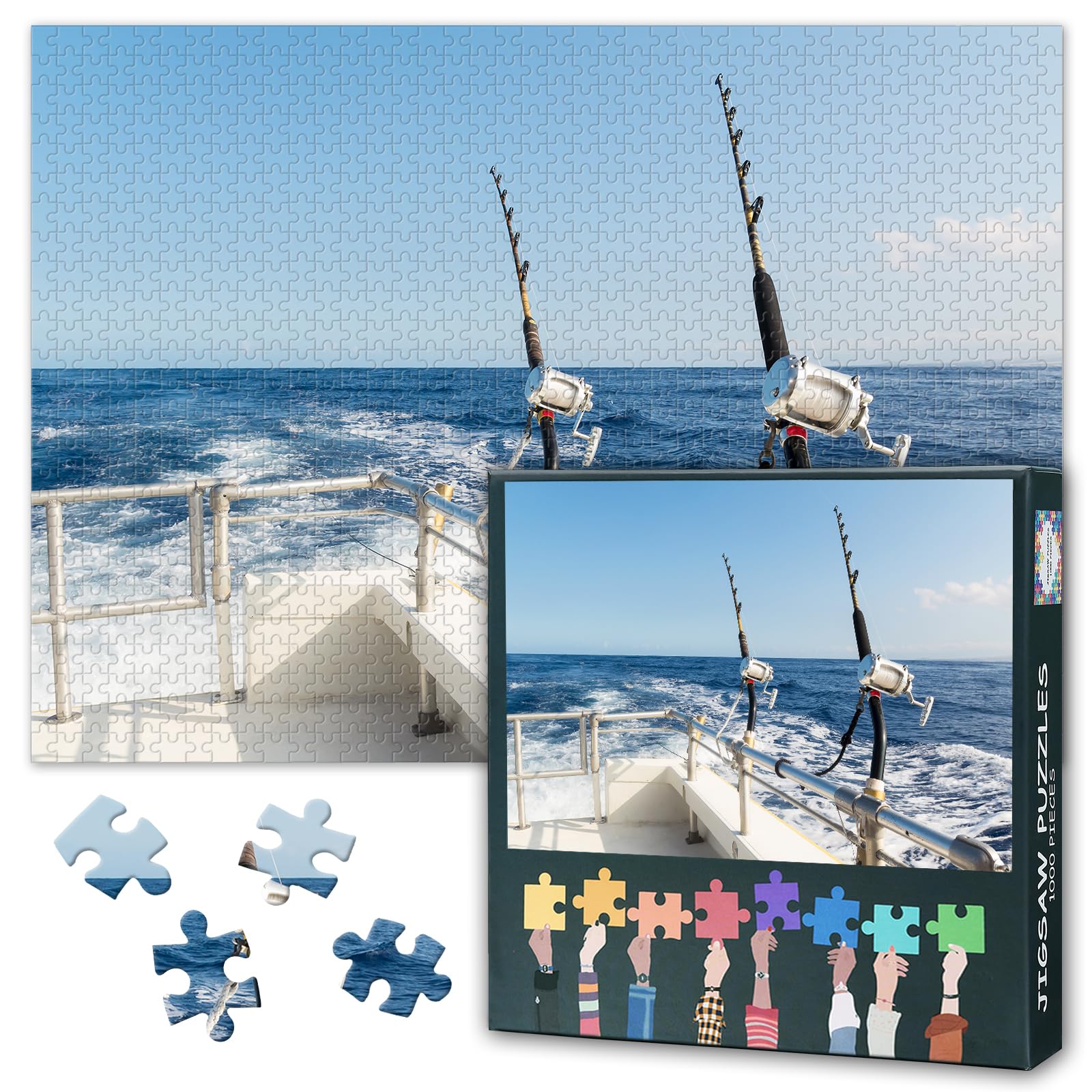Jigsaw Puzzle 1000 Pieces for Adults Black and White Fishing Rods and Reels Wall Art Monochrome Nautical Decor HD Print Puzzle Challenge Modern Home Decor 27.5 x 19.7 Inches — image 1
