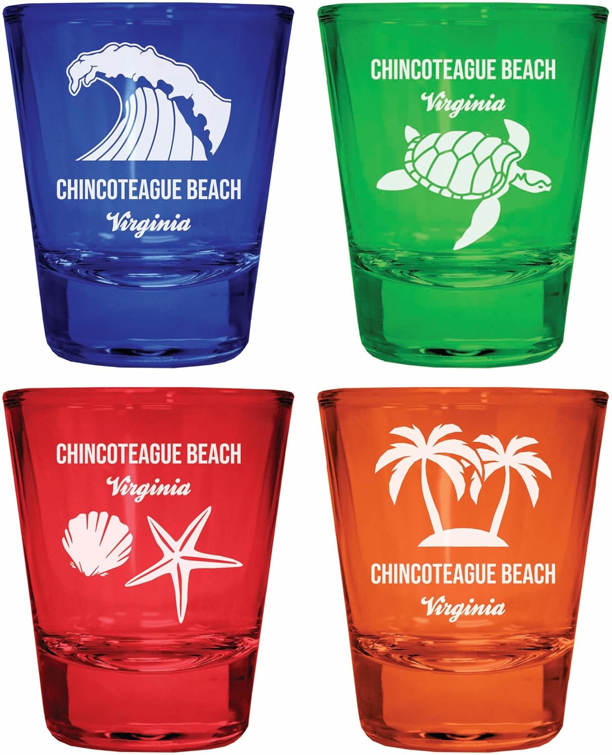 Set de 4 Vasos Tequileros Grabados Multicolor de Playa Chincoteague Virginia