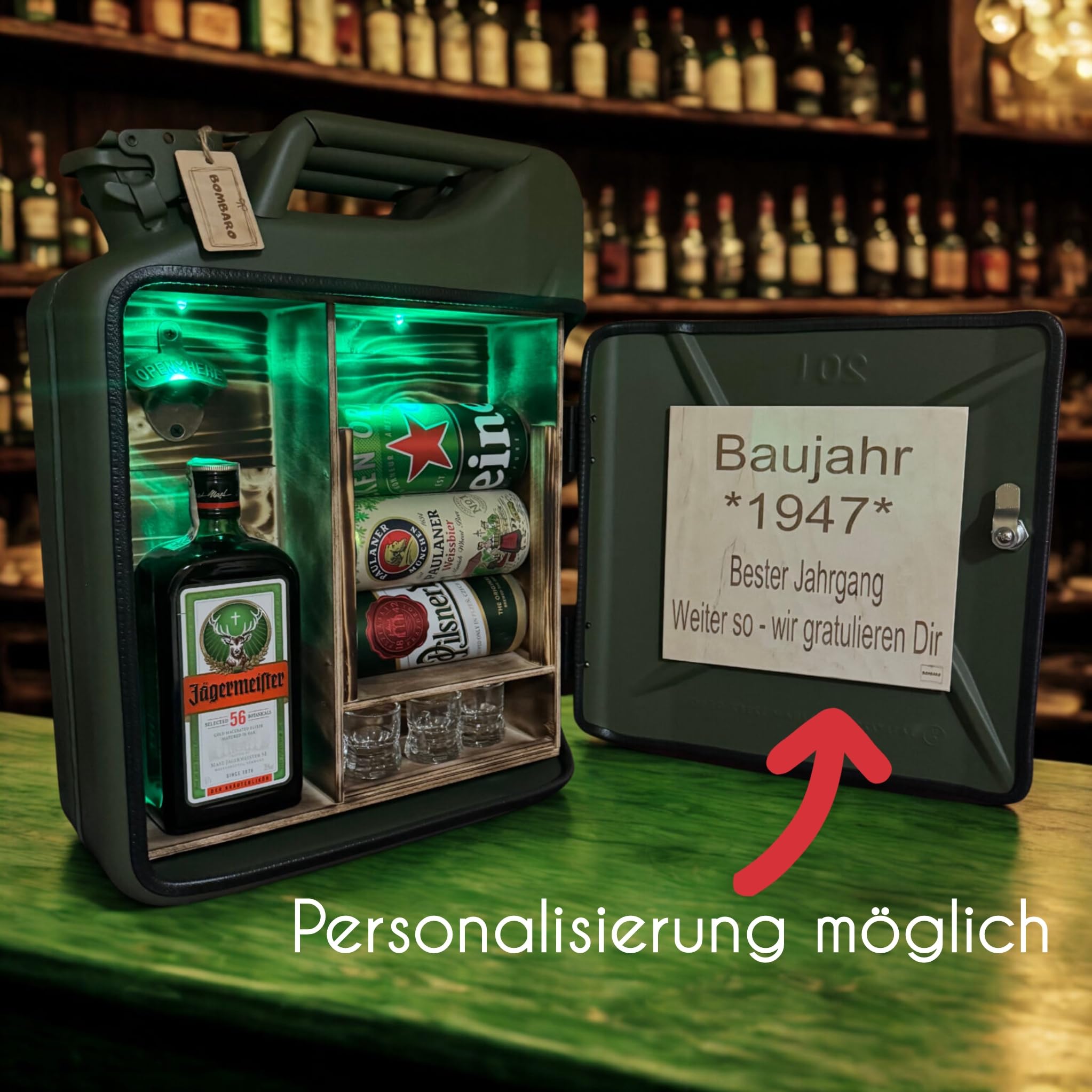 20L Kanister Mini Bar Premium I Maximal personalisierbar mit Gravur & LED Beleuchtung I 3 Gläser I Jerrycan I Mobile Kanister Bar Geschenk für Männer I Abschließbare Minibar I Bier Geschenk