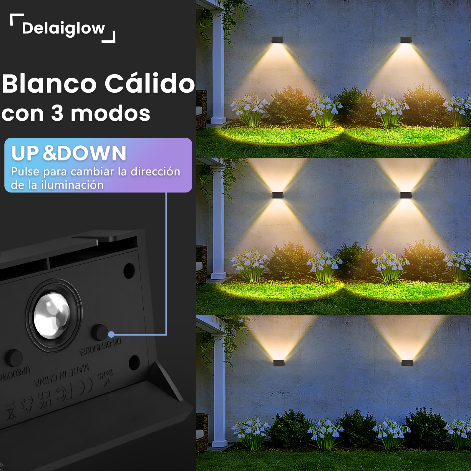 Aplique Solar Exterior,Luz Solares Exteriores Arriba Y Abajo,IP67 Impermeable, Luces Solares Led Exterior Jardin, Para Patio Cubierta Valla 10 Pack Blanco CáLido