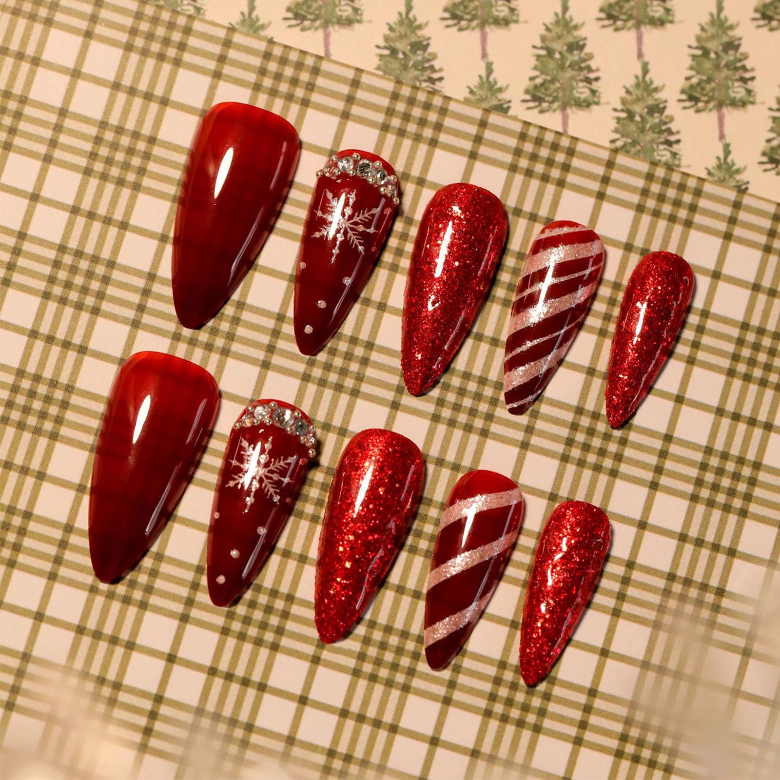 Christmas Snowflake Press on Nails Glossy Red Glitter Candy Cane Acrylic Fake Nails 24Pcs Christmas Nails Rhinestones Gel Glue on Nails Snowing Stick on Long Stiletto Nails for New Years Gifts Women