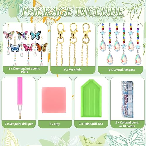 Miniatura 4 de Tradder Juego de 6 carillones de viento con diseño de diamantes de mariposa, decoración de árbol de verano, adornos de pintura de diamante 5D con