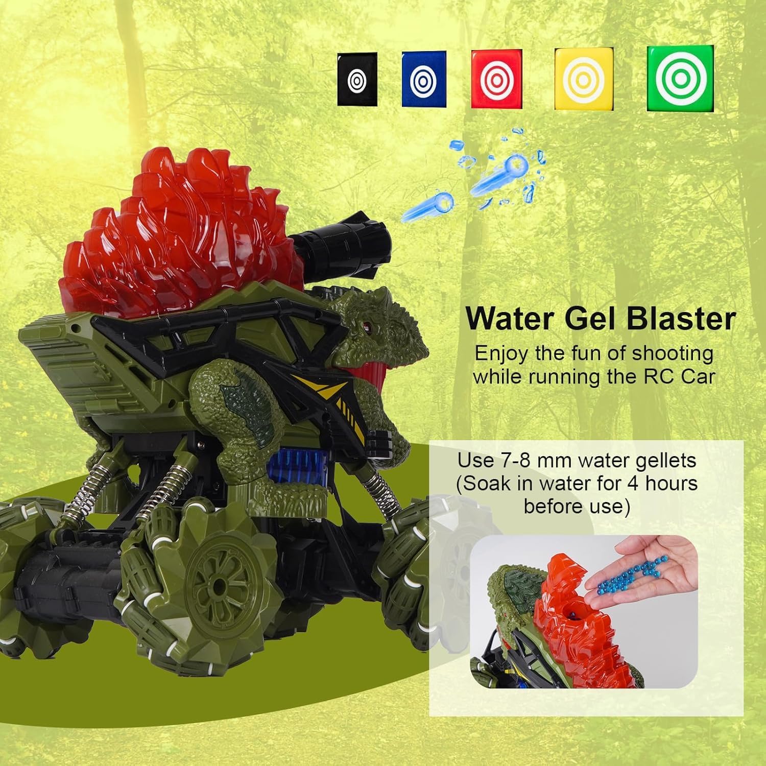 Pihura 2.4GHz Dino Gel Blaster RC Car - All Terrain RC Car That Shoots Water Bombs | Rechargeable Remote Control Car with Smoke Spray | 4x4 Wheel Drive RC Dino Car with Dino Sound, Music & Dance 2