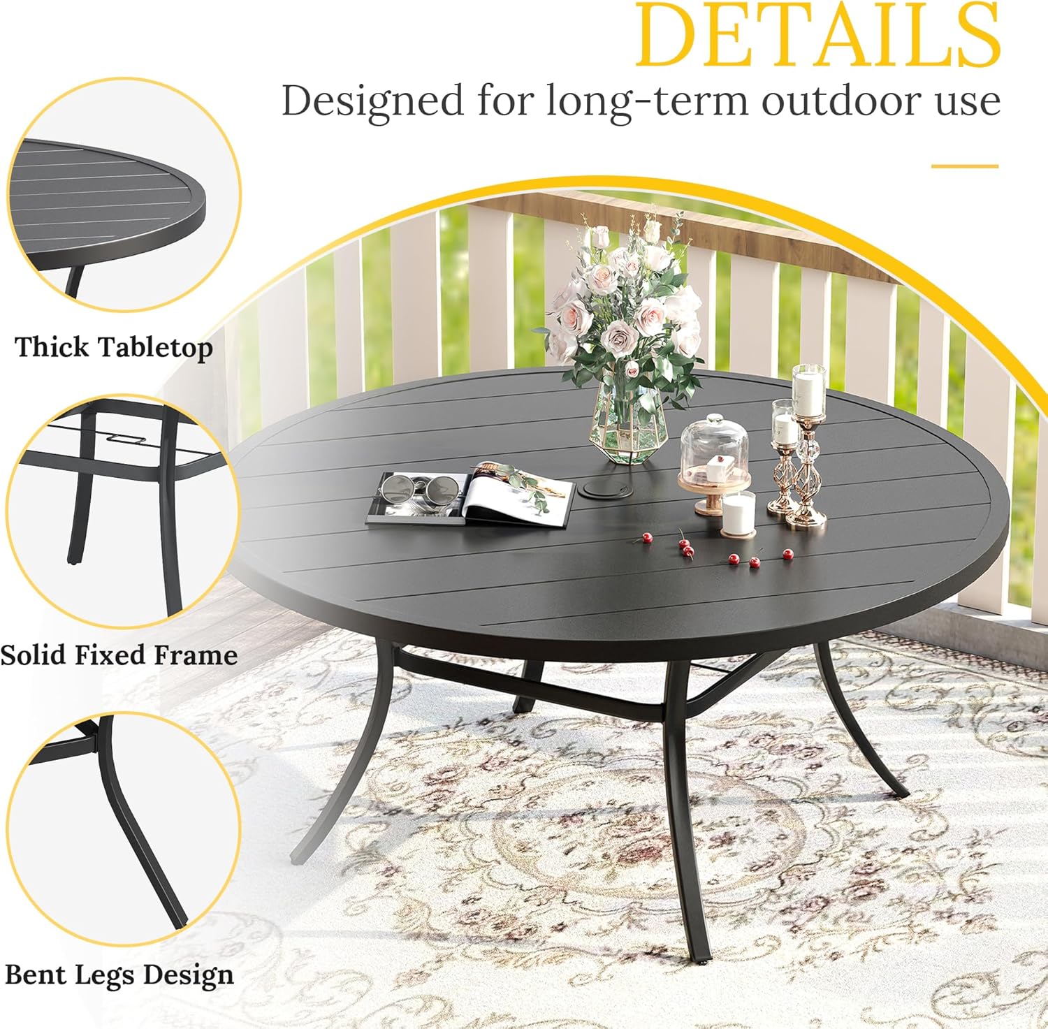 VICLLAX Outdoor Dining Set for 8, Outdoor Furniture Includes 60" Round Patio Table and Swivel Padded Chairs, Black Tabletop and Blue Fabric