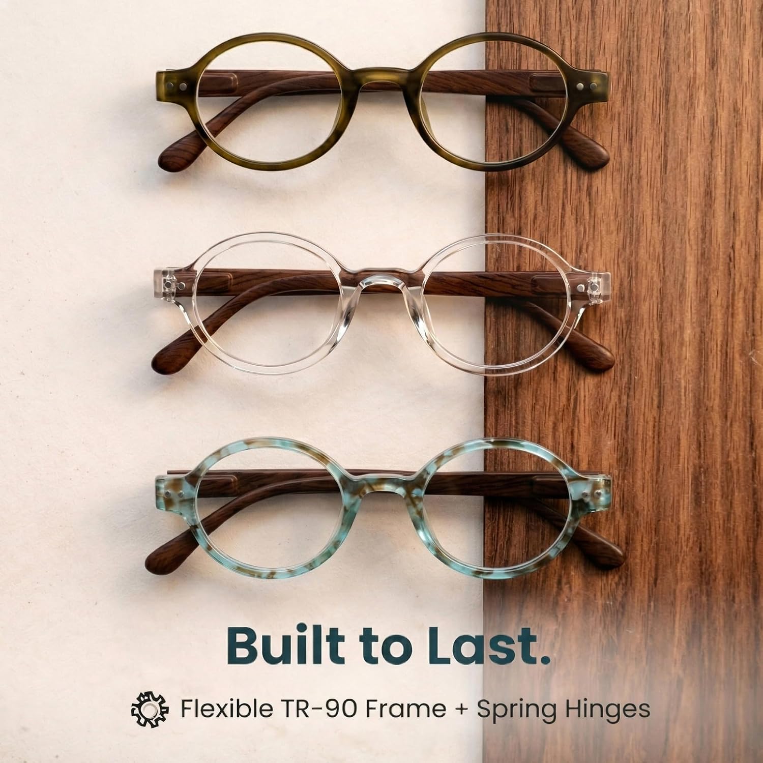 2SeeLife 3-Pack Small Round TR-90 Reading Glasses for Men & Women - Narrow-Medium Fit, Sturdy Frame, Spring Hinges, Retro Readers, Aqua Blue, Clear, Green, +1.25