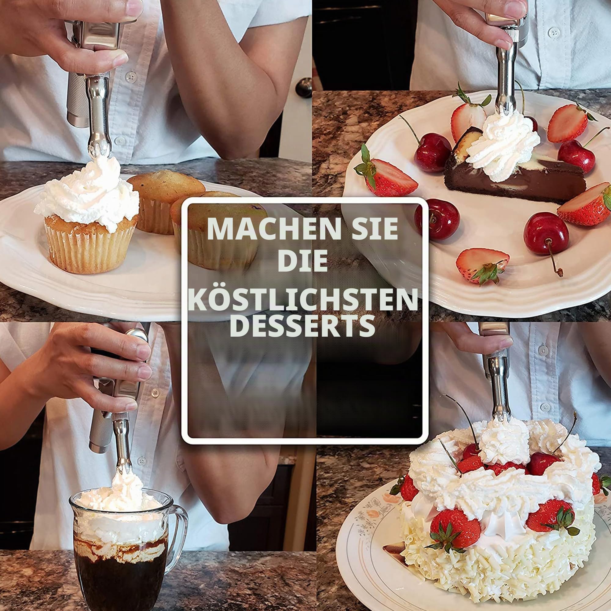 Professional Sahnespender, 0.5 Liter Aluminium-Legierung, Sahne-Peitsche, Kanister mit goldener Oberseite und 6 Dekorationsspitzen, für hausgemachte Schlagsahne (weiß) | Aluminiumlegierung, goldfarbene Oberseite, 6 Spritztüllen, für hausgemachte Schlagsah