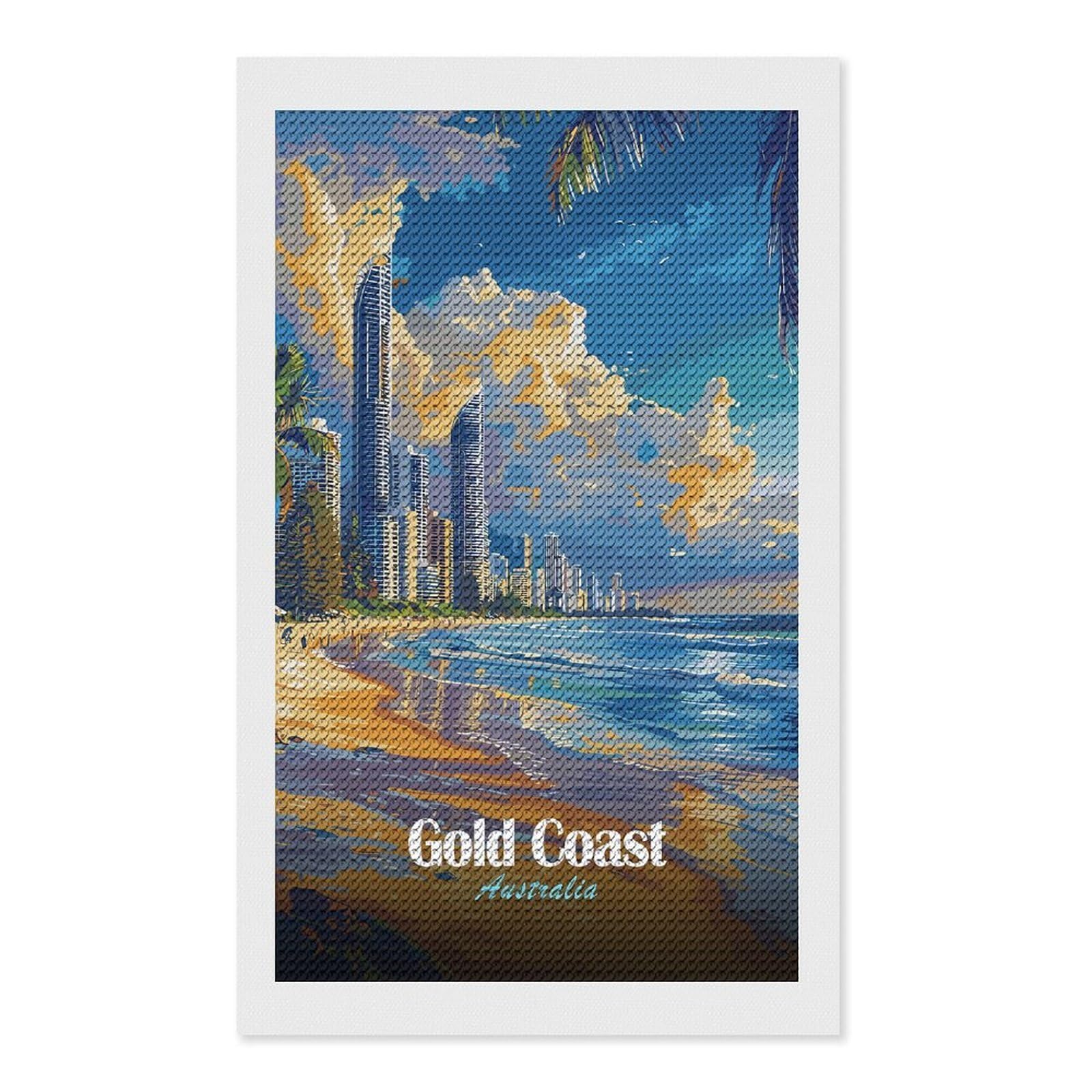 Junmoney Gold Coast Australia Beach Skyline Diamond Painting Set 12"x20", Neat Printed Canvas, with Tool Kit, Bedroom Decor, Gift Idea, Complete Accessories