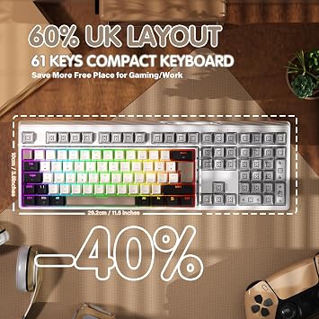 UrChoiceLtd MK21 Gaming Keyboard, 60% Percent Wired Mechanical Keyboard, 61 Keys Compact UK Layout, Hot Swappable, RGB Backlit, Anti-ghosting, Red Switch, for PC/MAC/Gamer/Office/Typist - Star White