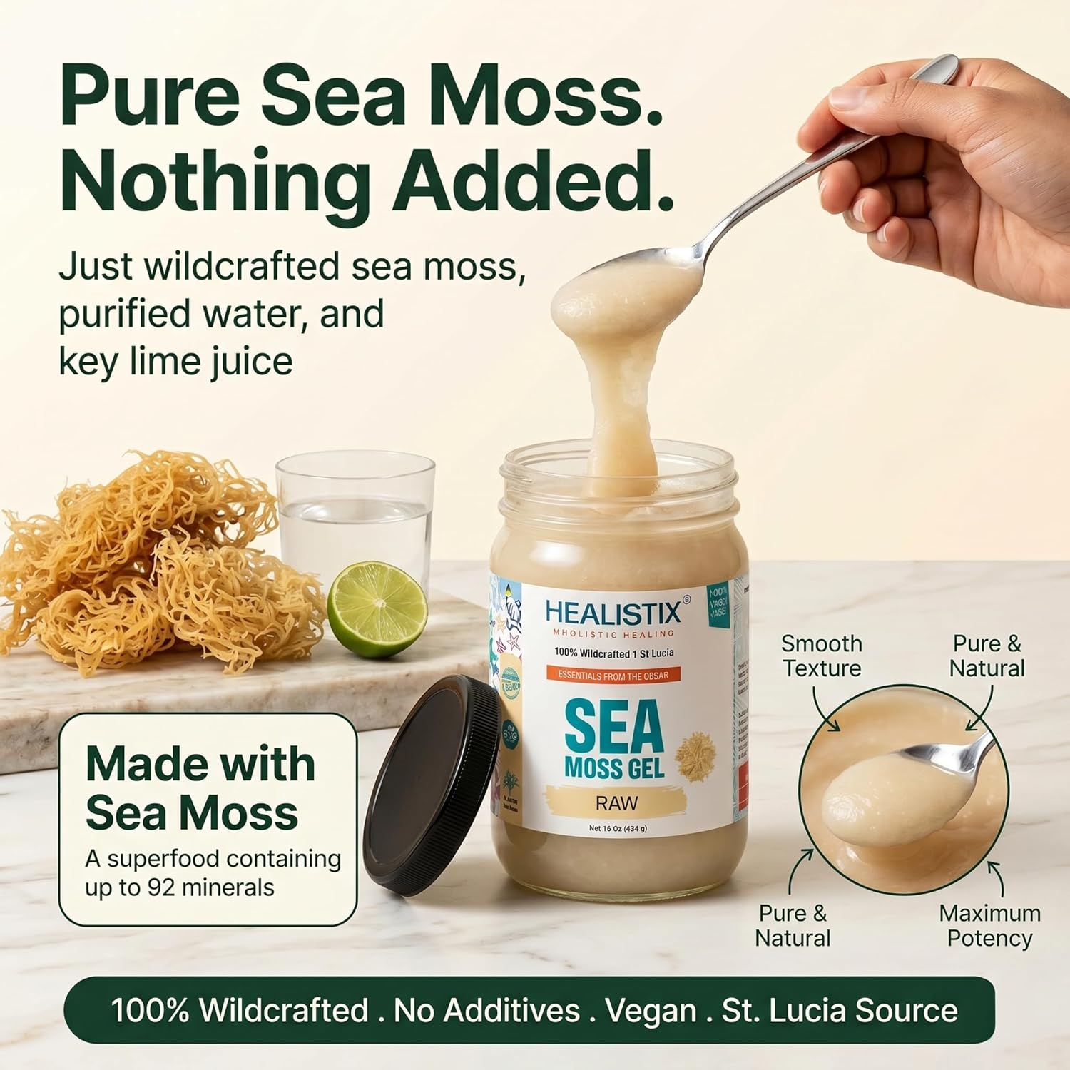 Healistix Raw Sea Moss Gel [16 Oz] - Exquisitely Crafted from Irish Seamoss Wildcrafted in The Pristine Waters of St Lucia, A Natural Delight Sea Vegetable in Glass Jar