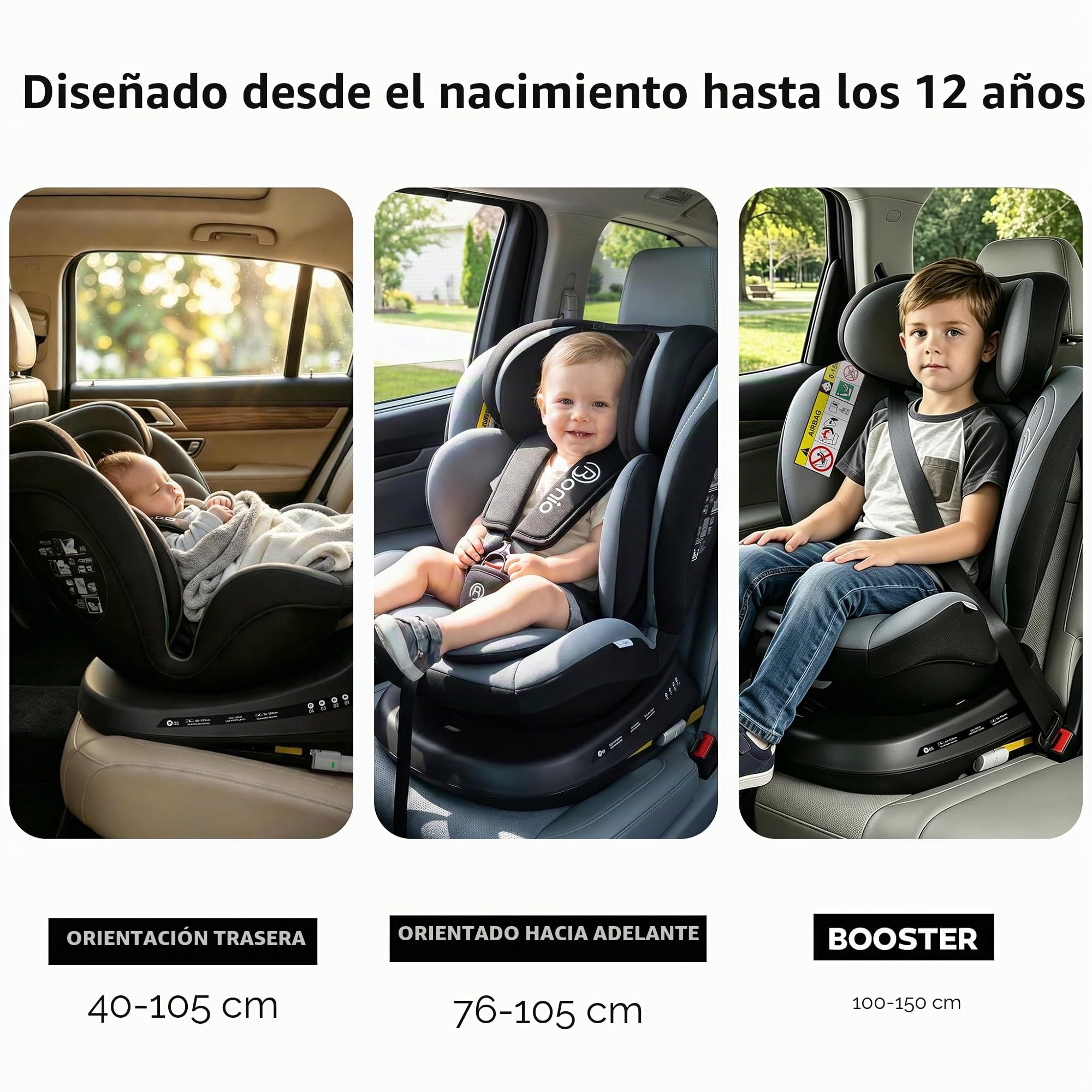 Bonio I-Size Silla de Coche Giratoria 360 con ISOFIX, 40-150cm (0~36kg)