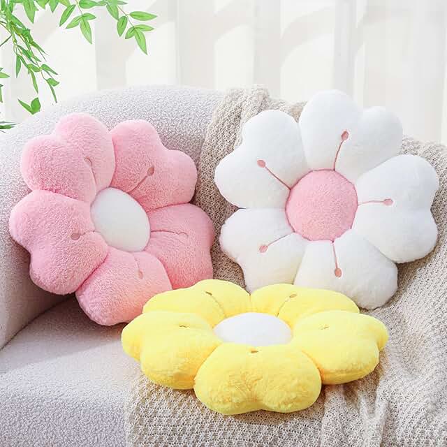 3 Pcs Colorful Flower Shaped Pillows Set 15 Inch Cute Daisy Cushion Deco...