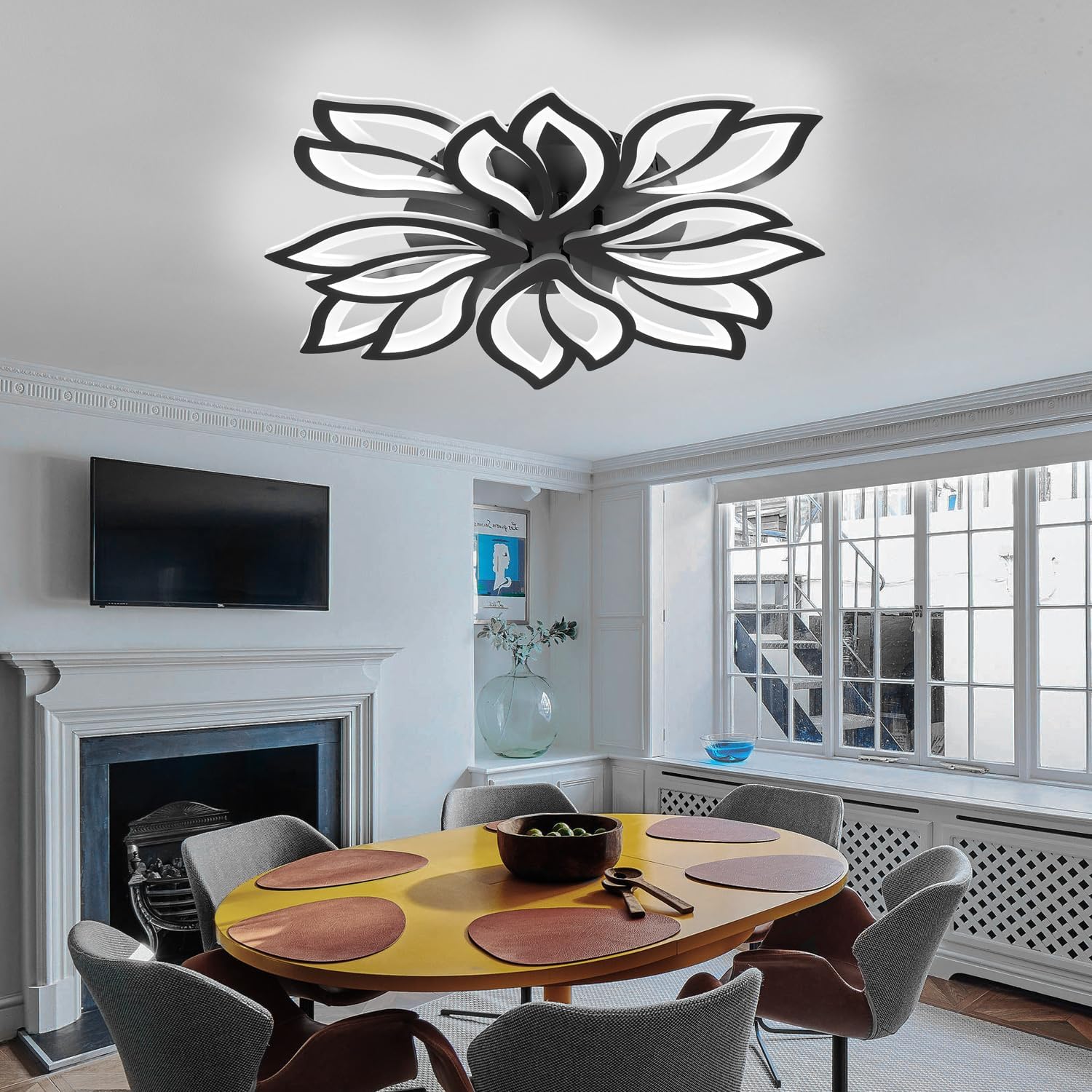 Modern LED Ceiling Light Fixture Dimmable, 28" Black Modern Flower Ceiling Light with Remote Control, Low Profile Flush Mount for Bedroom, Kitchen, Living Room