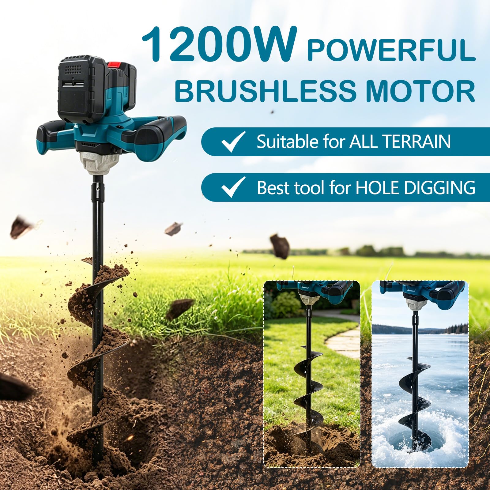 Tarière Sans Fil, 1200W Moteur Sans Balais, Tarière Professionnelle (Forets non Inclus) pour Construction de Clôtures, Jardin et Fondations, Mélangeur de Mortier, Incluse Batterie et Chargeur