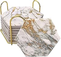 Hommтина Marble Ceramic Coasters Set of 8 with Gold Metal Holder, Absorbent Cork Base, Stylish Tabletop Protectors for Home Bar Decor